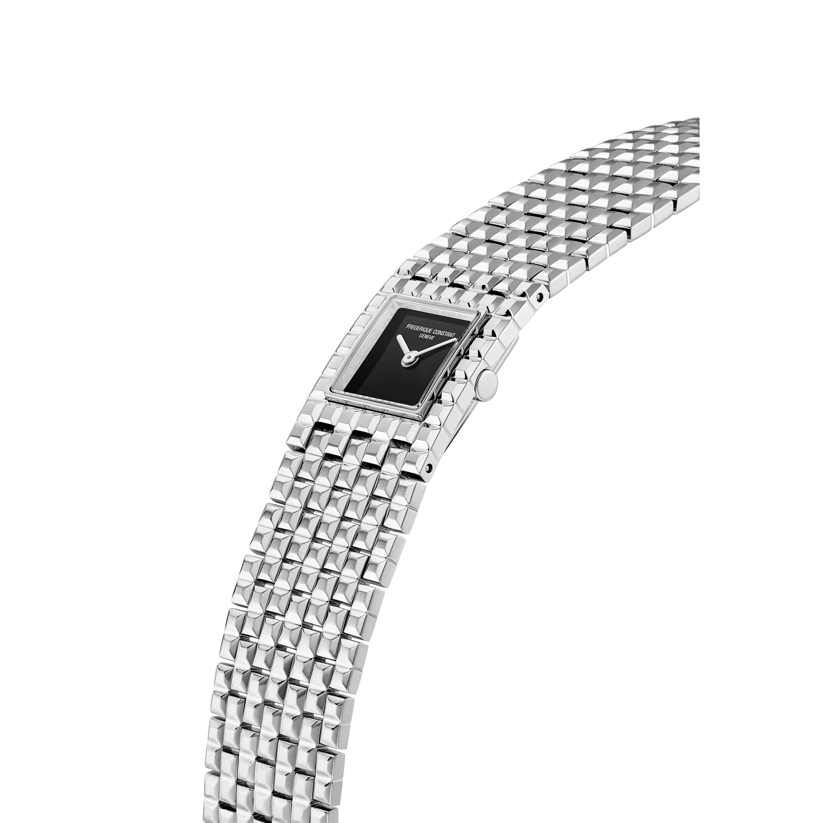 Side profile showcasing the slim square case and the jewelry-style texture of the wide silver bracelet.