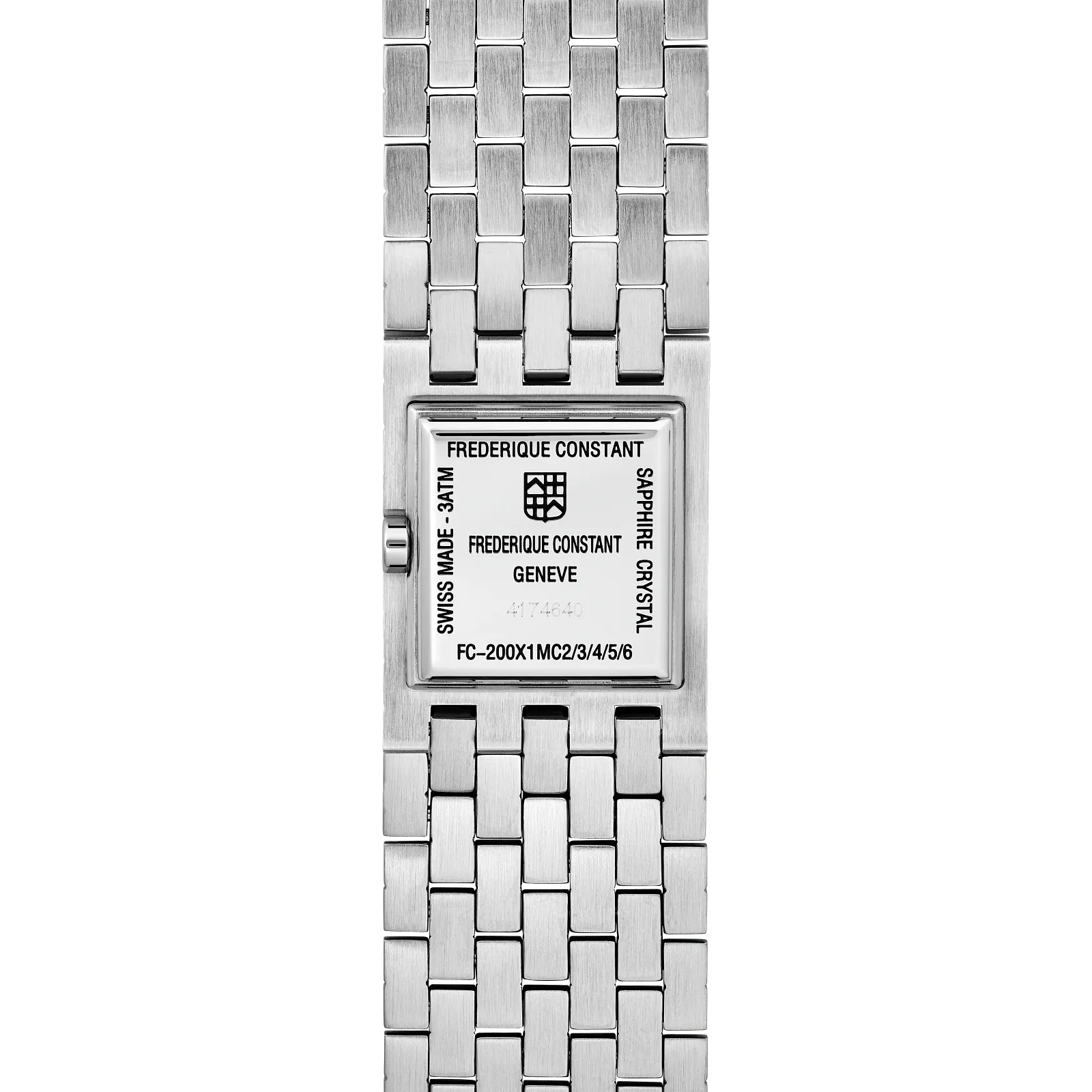 Close-up of the square stainless steel caseback integrated into the wide metal link strap.