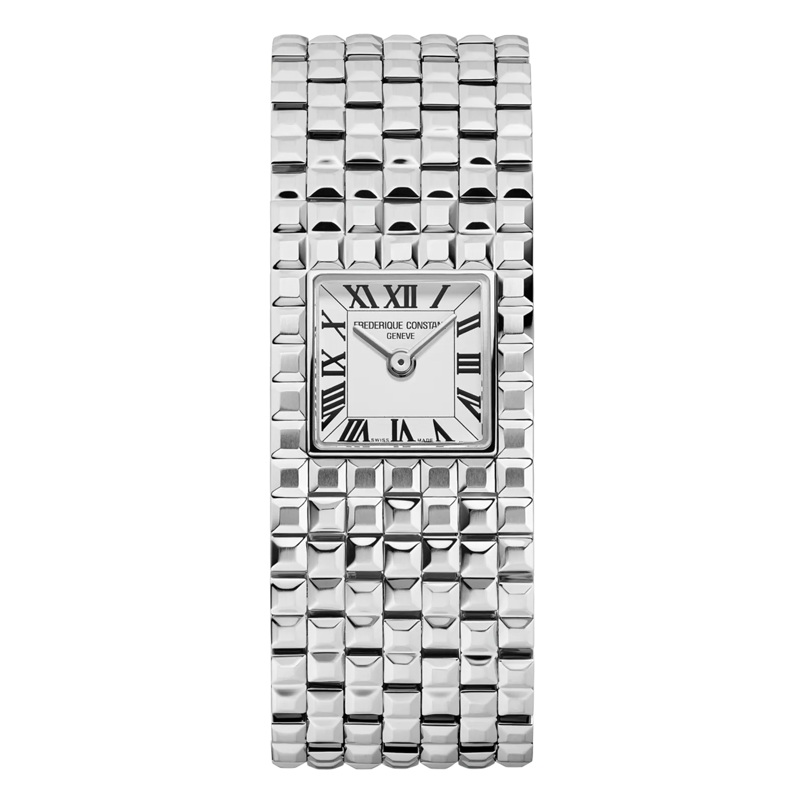 Delicate square silver watch featuring a white Roman numeral dial and an extra-wide, five-link polished stainless steel bracelet.