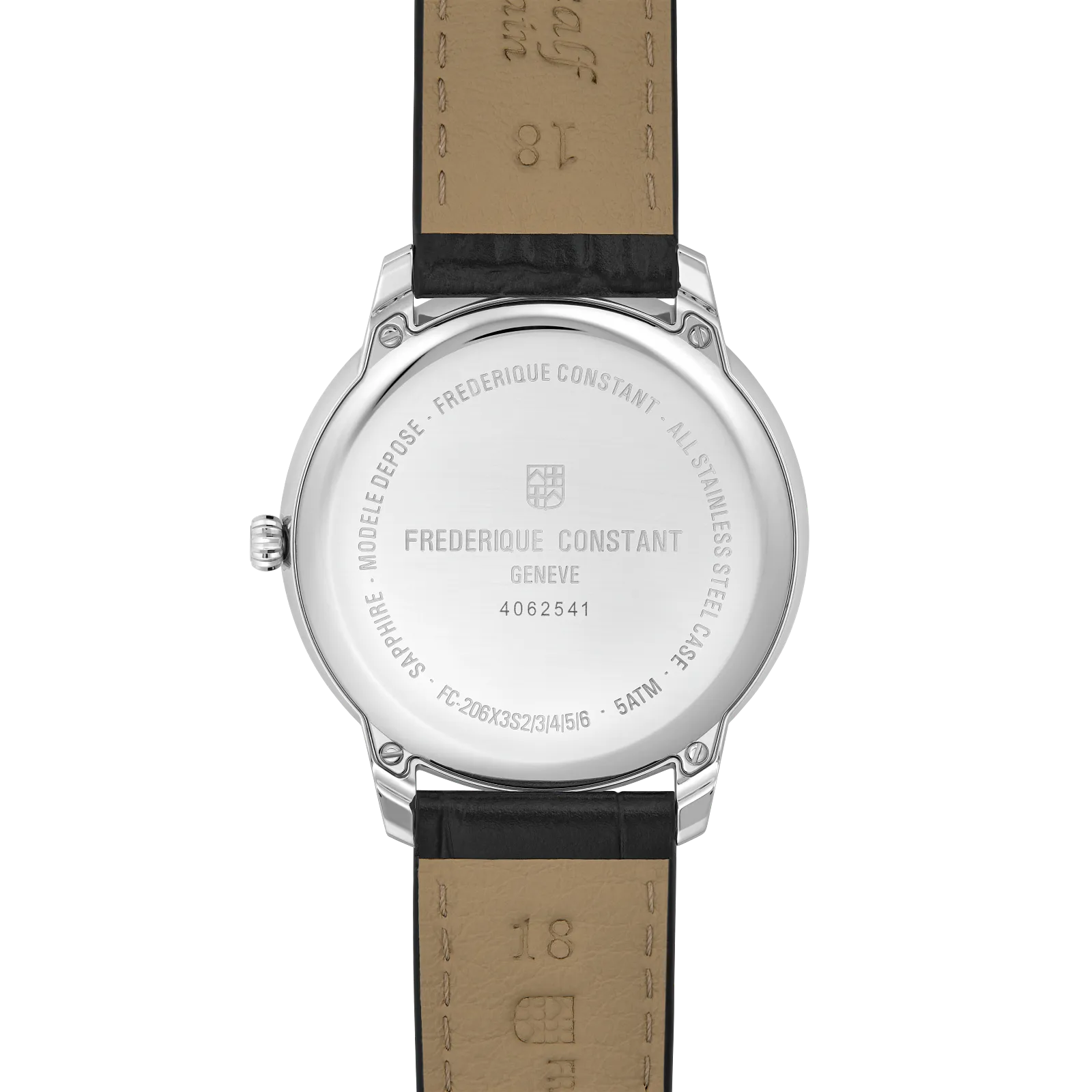 Rear view of the watch featuring a solid stainless steel case back with brand engravings.