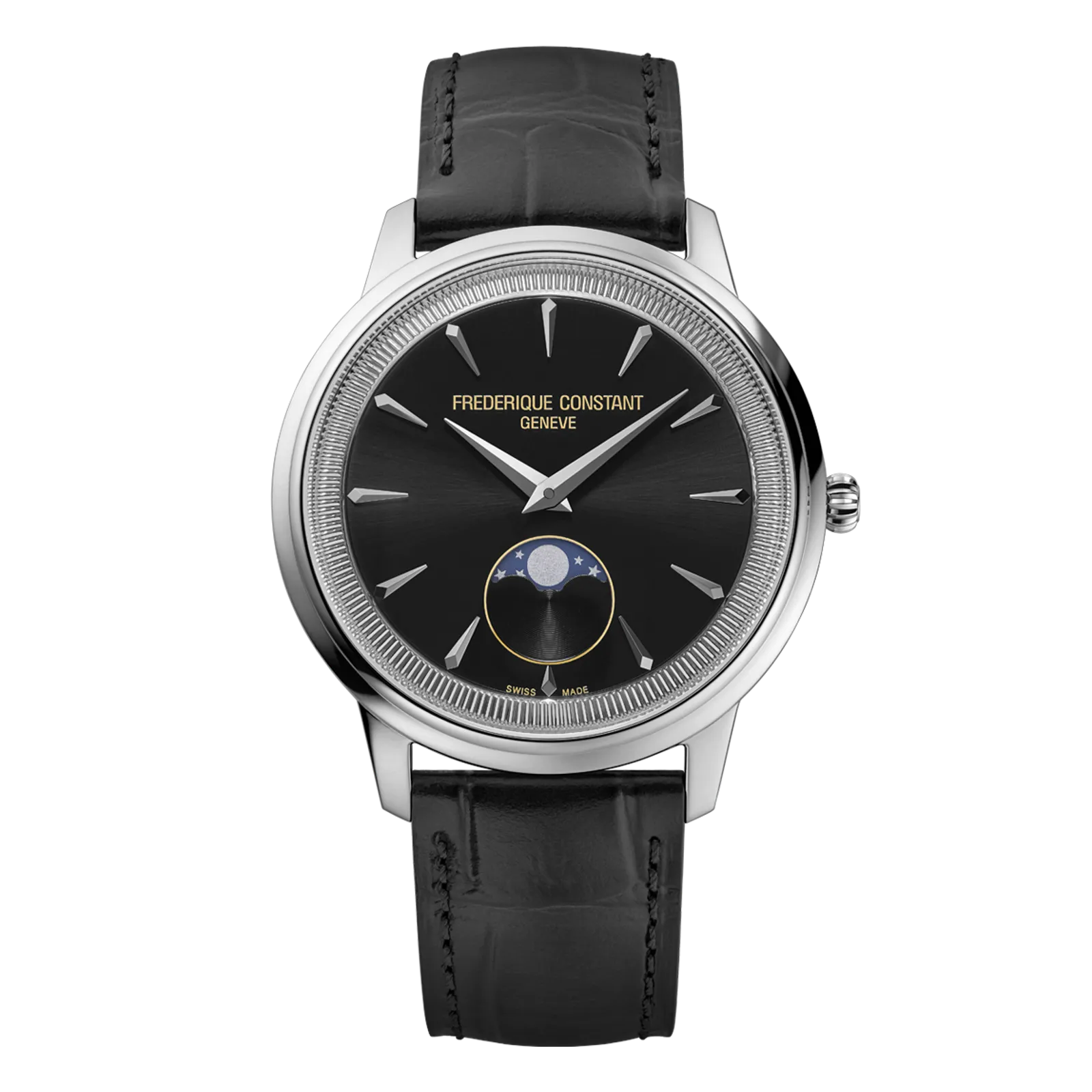 Front view of Frederique Constant watch with a black dial, moonphase display, and black leather strap.