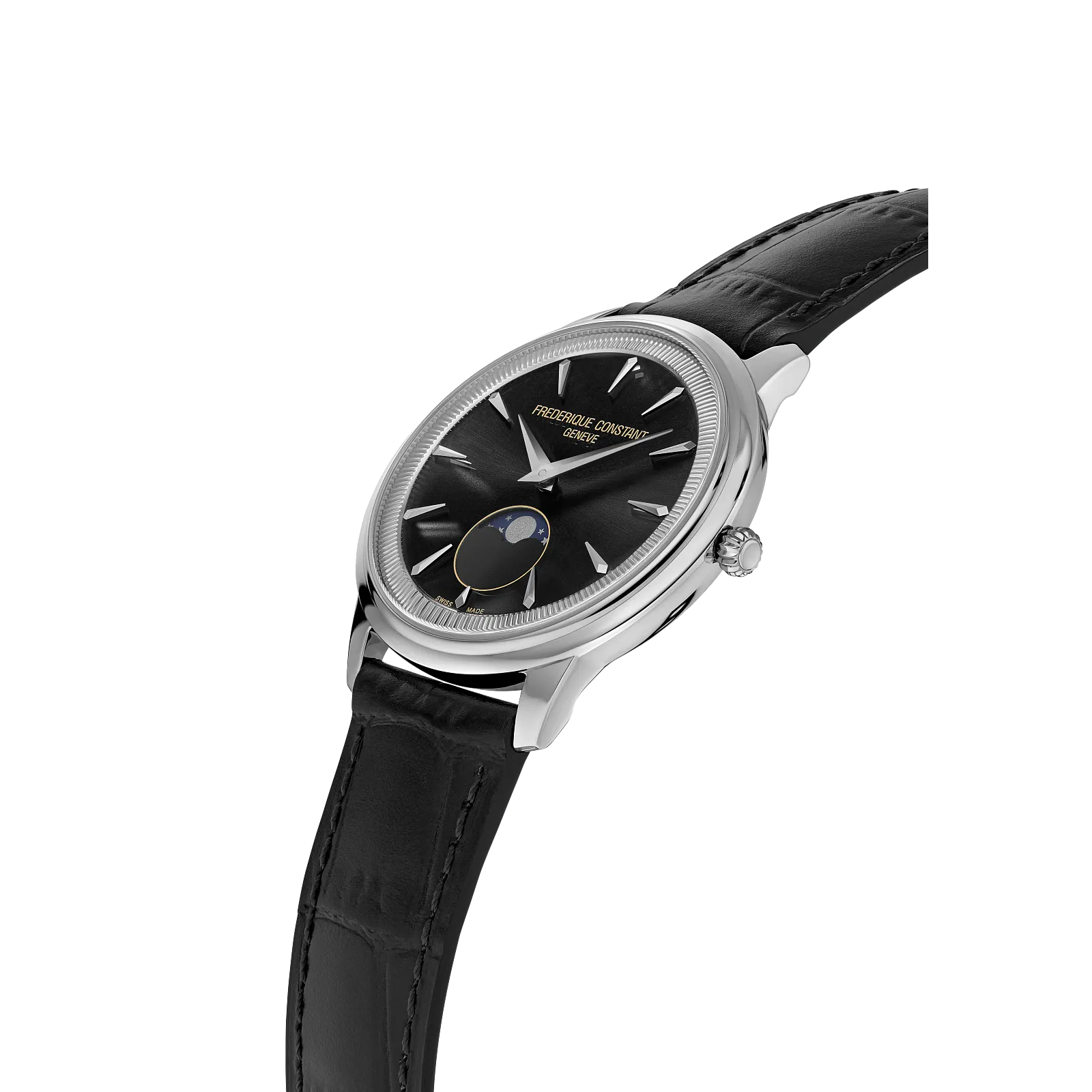 Side angle highlighting the polished steel case, moonphase complication, and textured black strap.