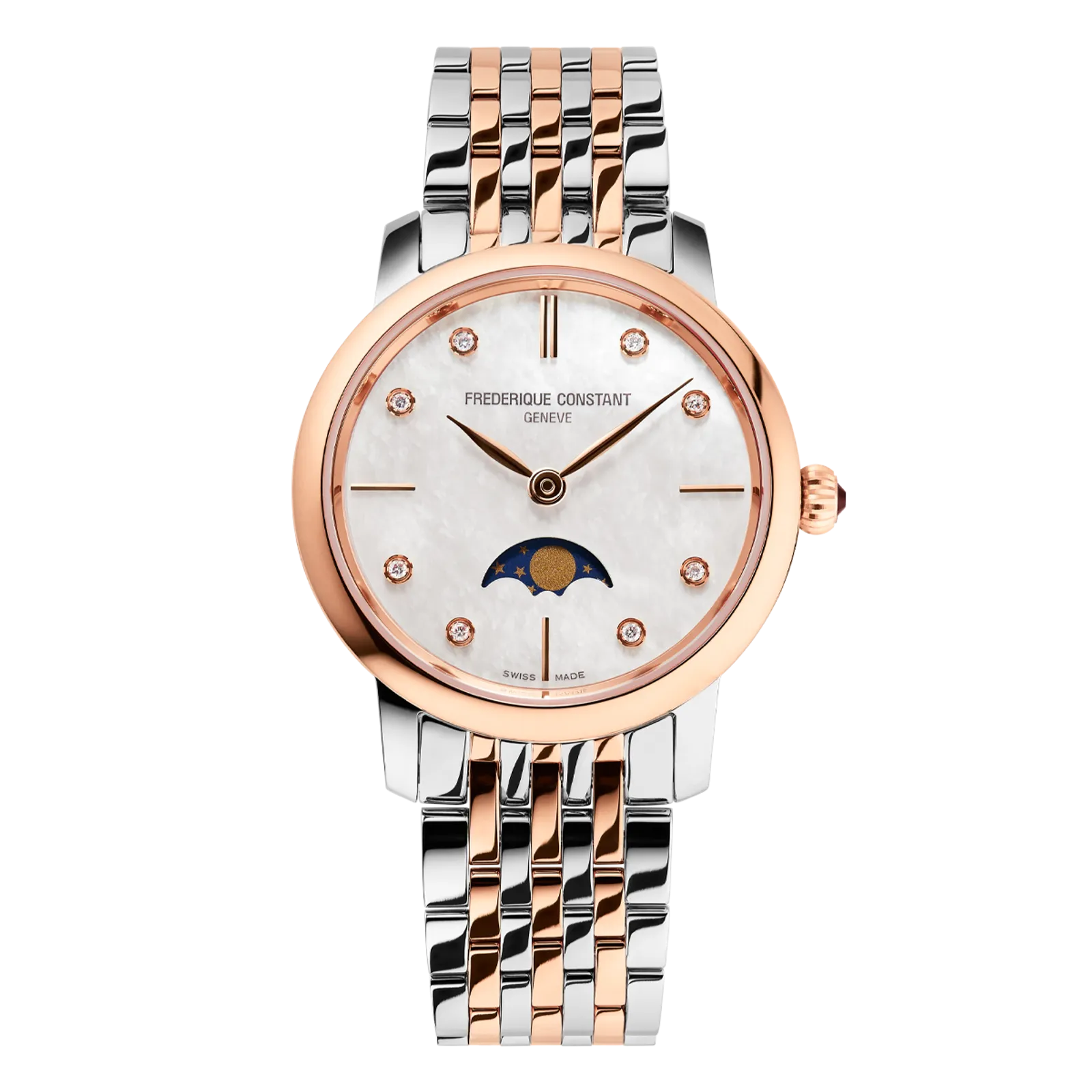 Round rose gold and silver watch with a mother-of-pearl moonphase dial, diamond markers, and a two-tone link bracelet.
