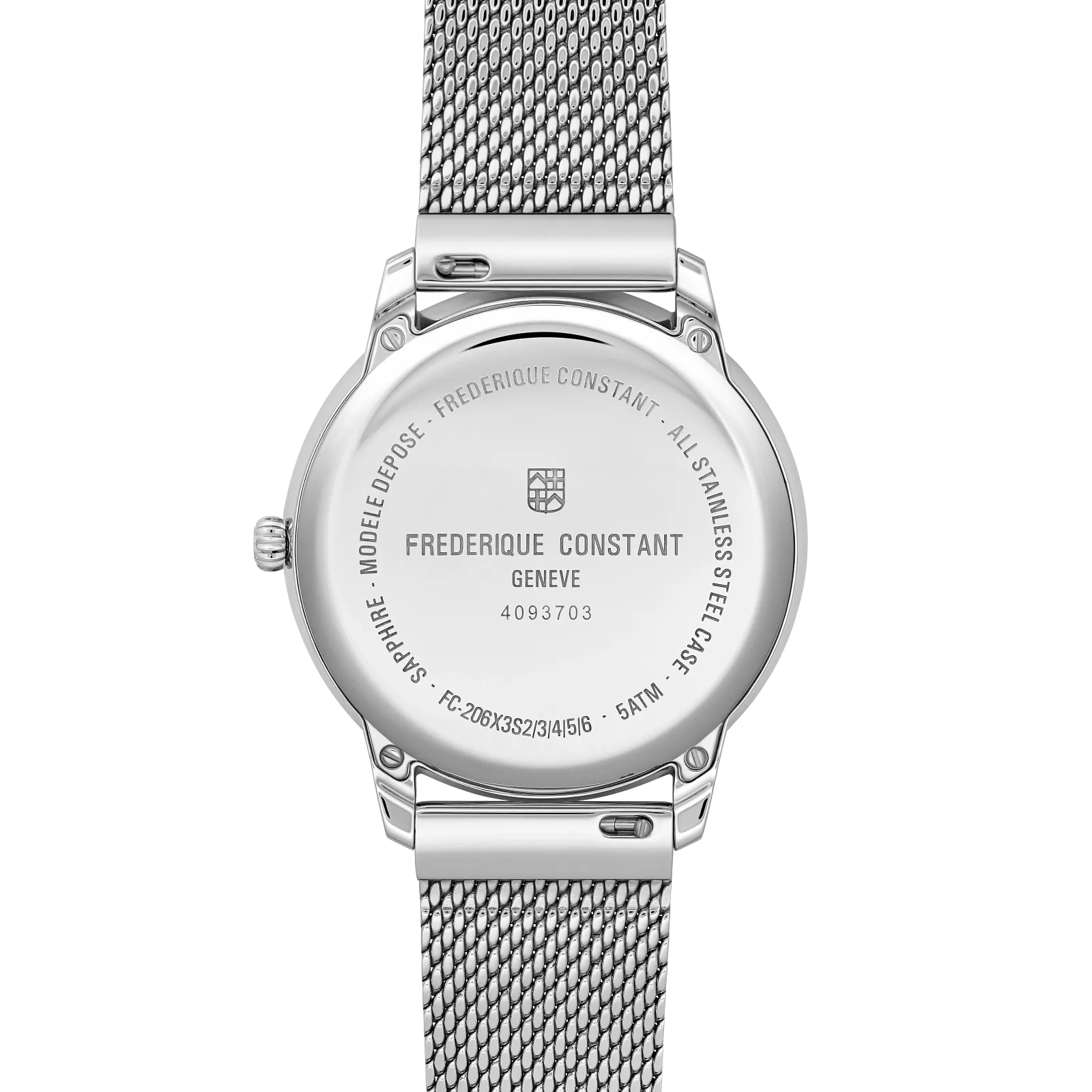 Engraved stainless steel case back with the mesh bracelet attachment.