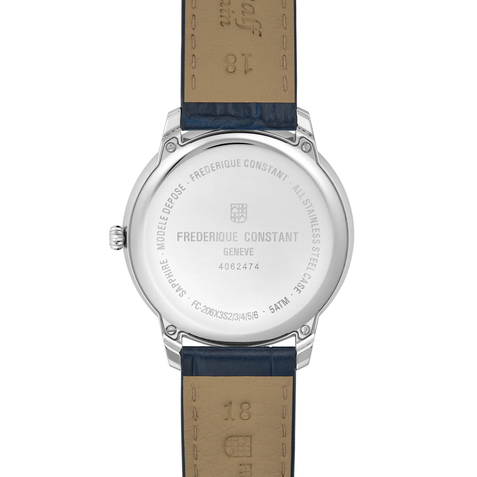 Rear view showing a solid stainless steel case back with brand engraving.