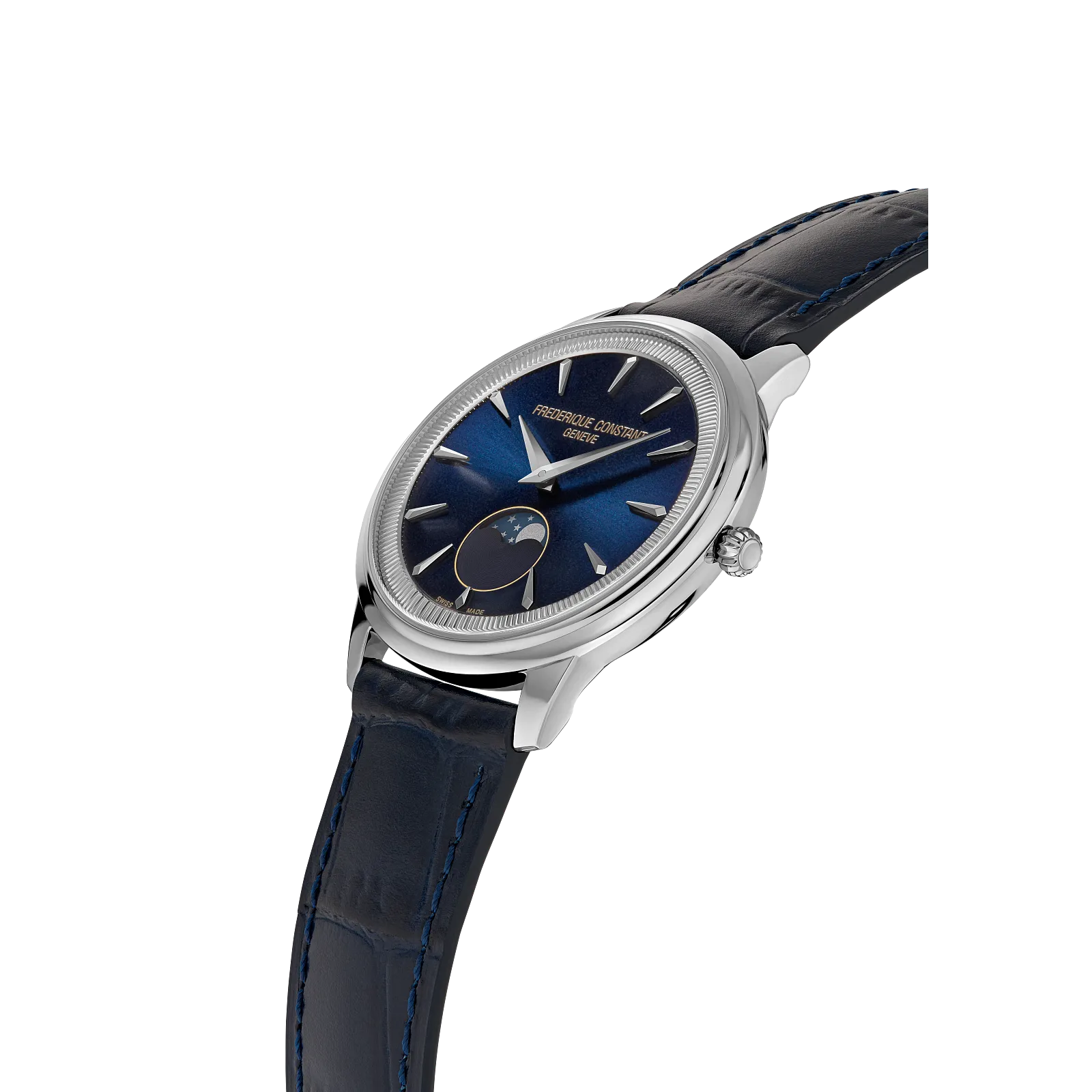 Side angle highlighting the slim steel case, moonphase complication, and textured blue strap.