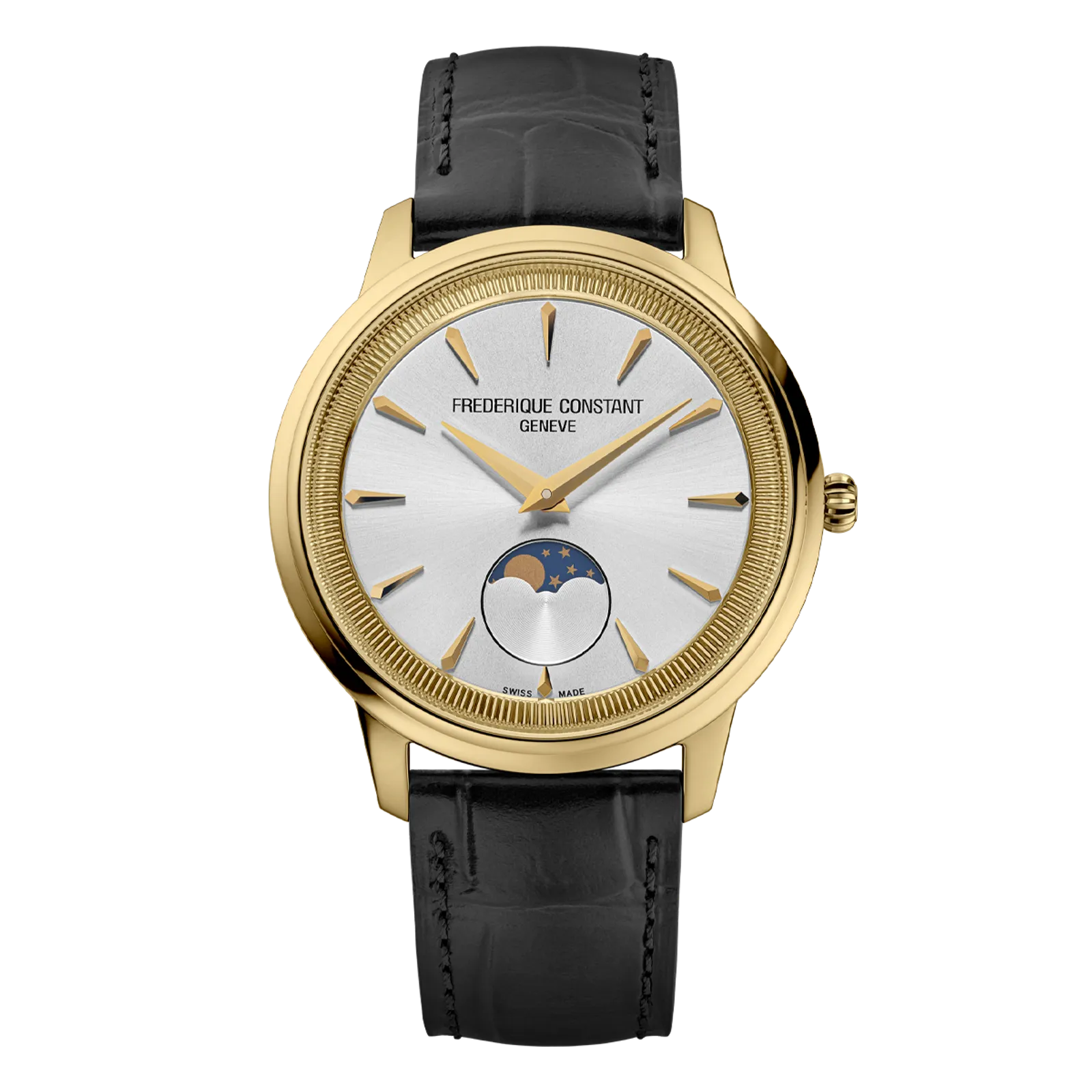 Elegant yellow gold watch featuring a silver sunray dial with gold hour markers, a moonphase complication, and a black crocodile leather strap.