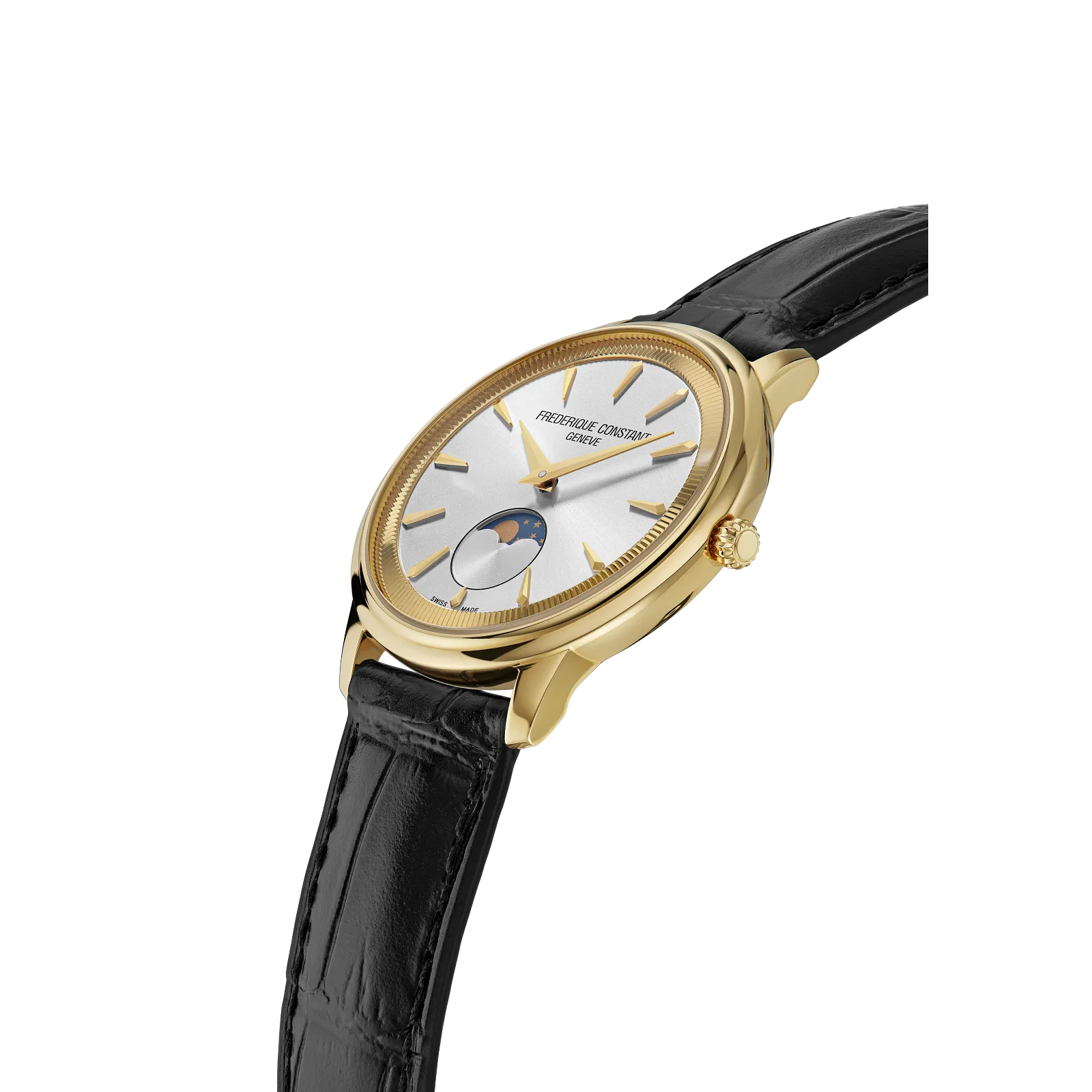 Profile shot highlighting the polished gold case, the detailed moonphase sub-dial, and the textured black leather strap.