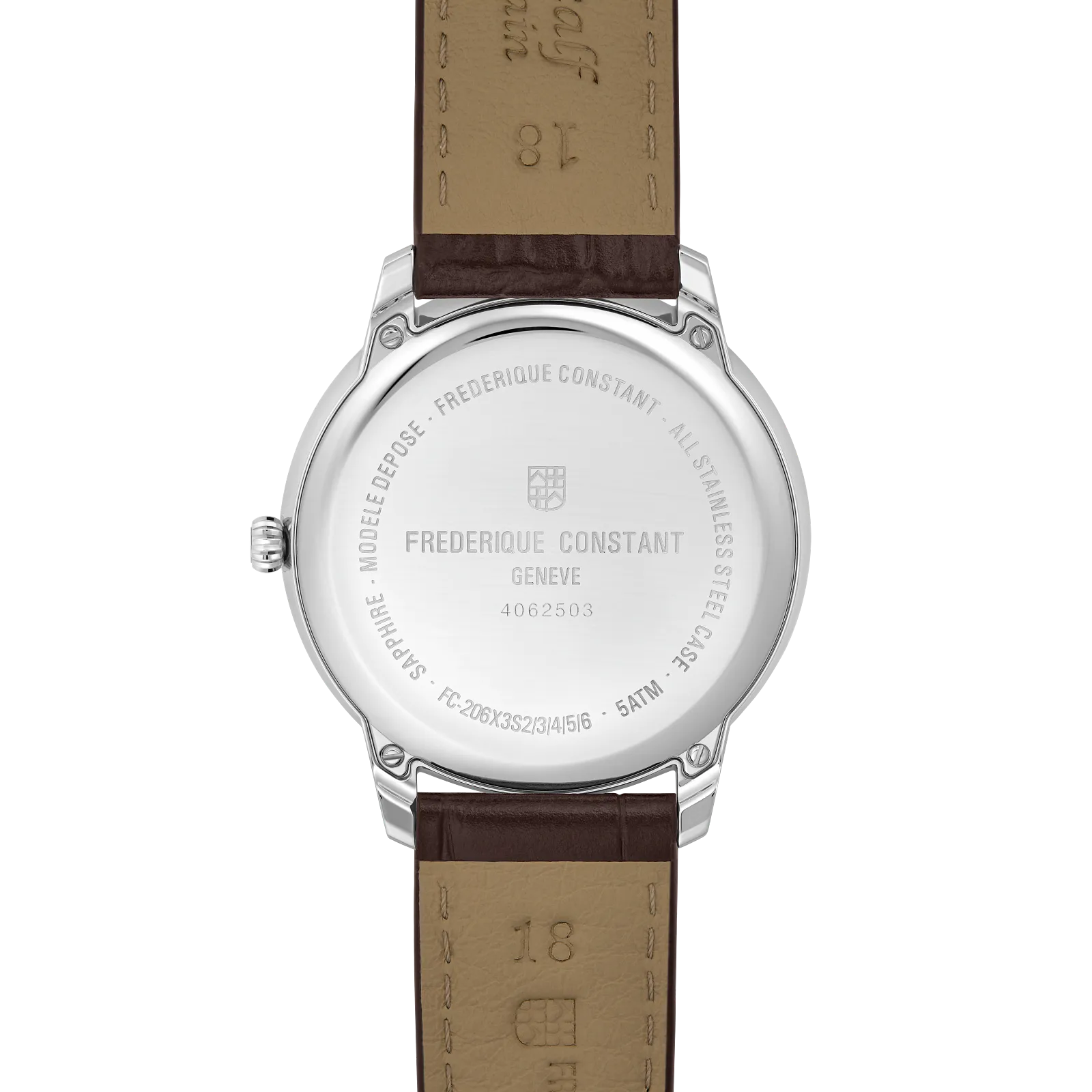 Rear view of the watch featuring a solid stainless steel case back with brand engravings.