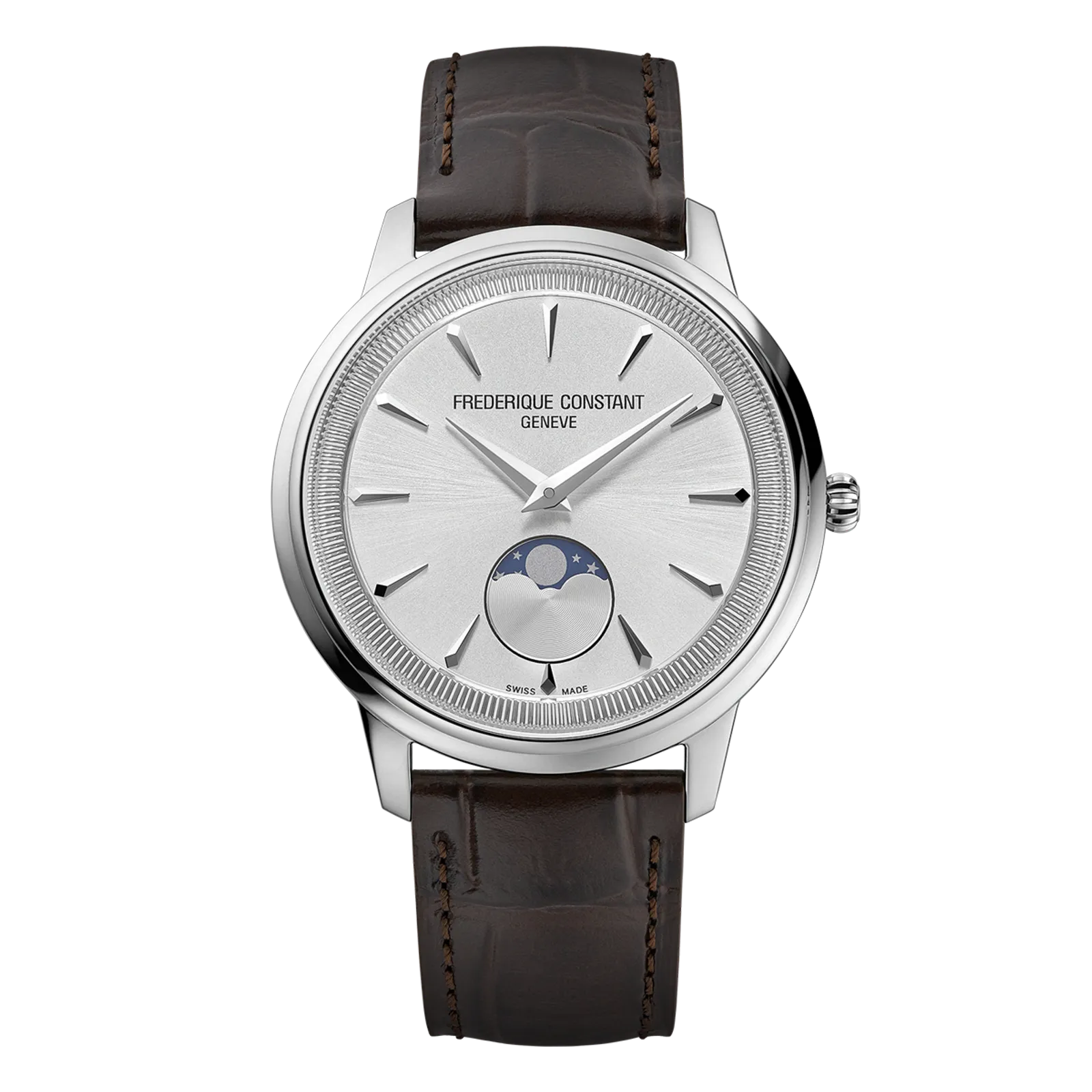 Front view of Frederique Constant watch with a silver sunray dial, moonphase display, and dark brown leather strap.