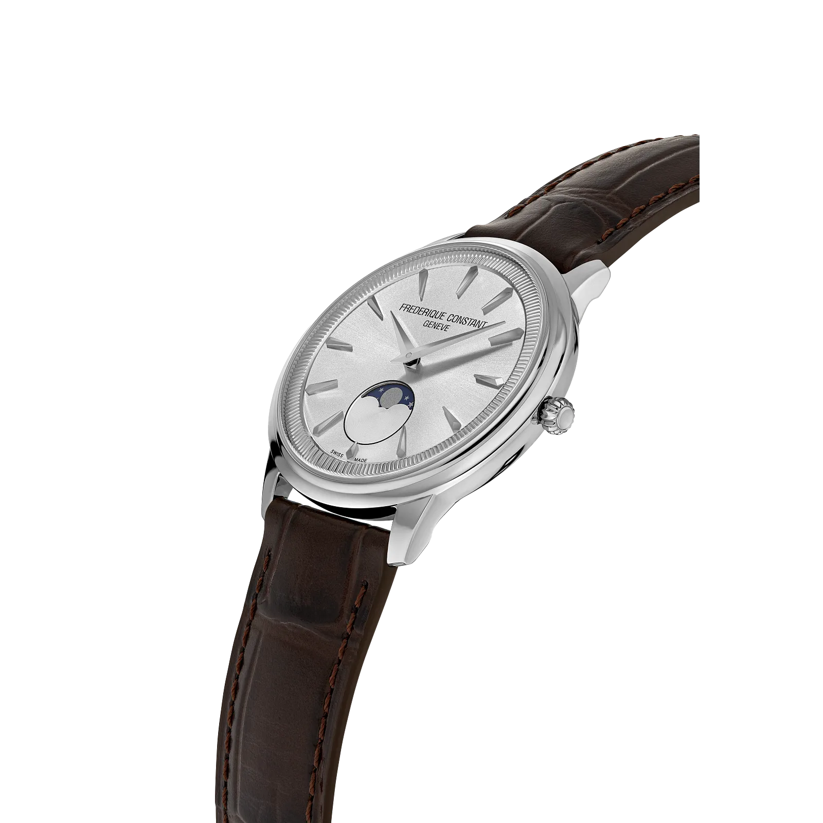 Side angle highlighting the slim polished case, moonphase complication, and textured brown strap.