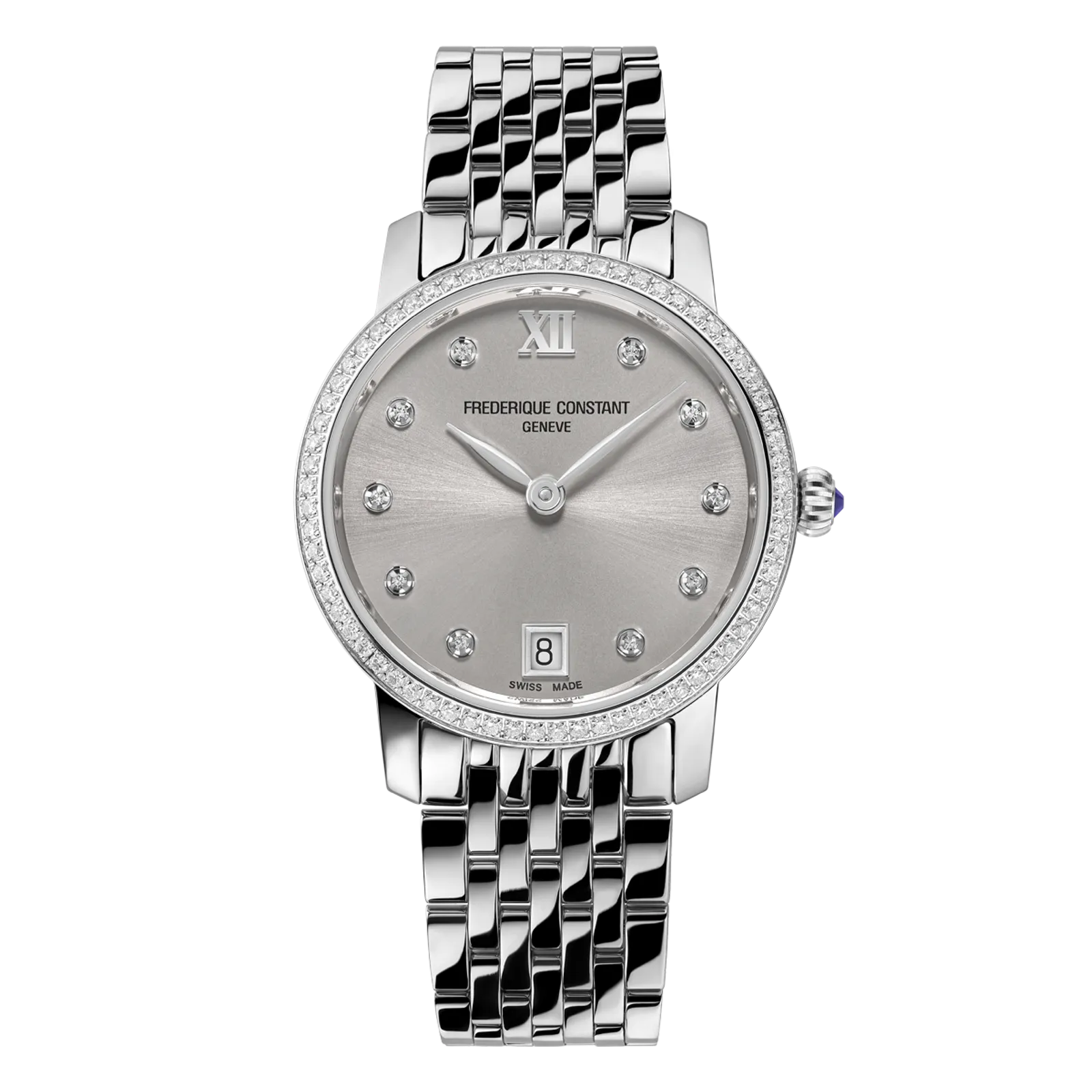 Silver watch featuring a mother-of-pearl moonphase dial, Arabic numerals, and a navy blue crocodile-texture leather strap.