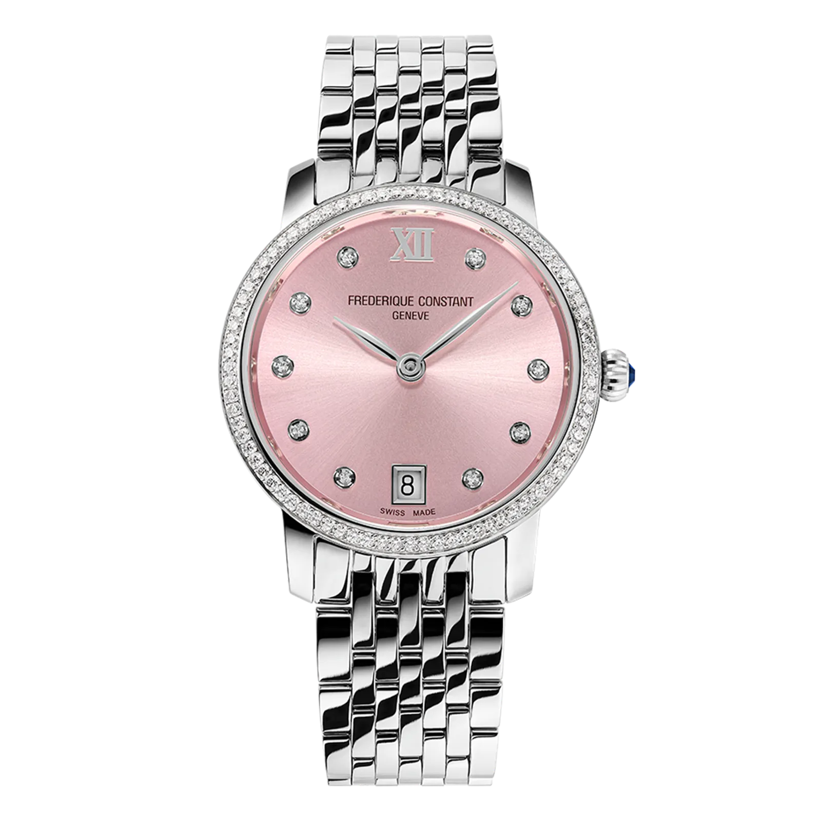 Round silver watch with a metallic pink sunray dial, diamond hour markers, and a polished stainless steel multi-link bracelet.