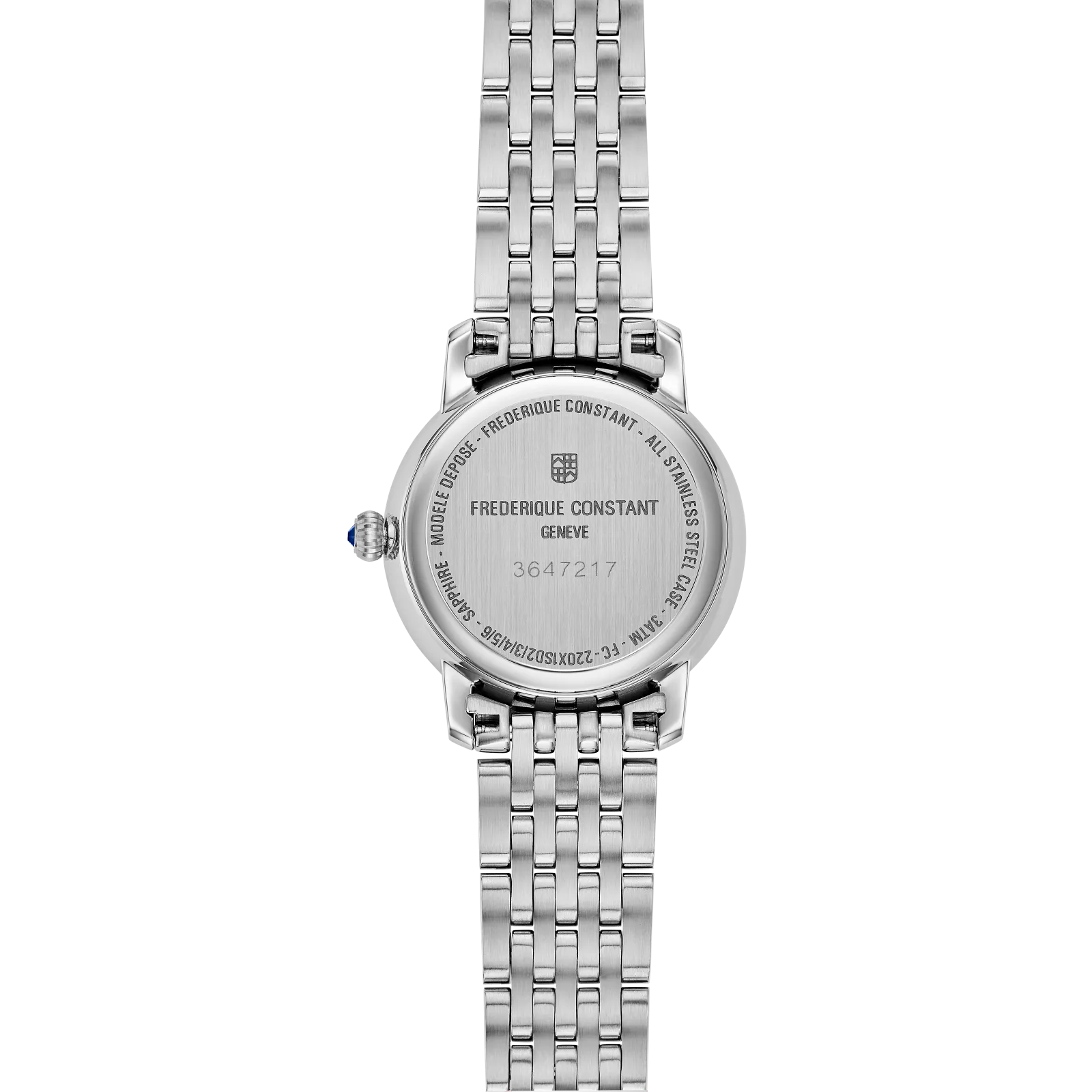 Detailed view of the stainless steel caseback and the intricate rose gold and silver link strap.