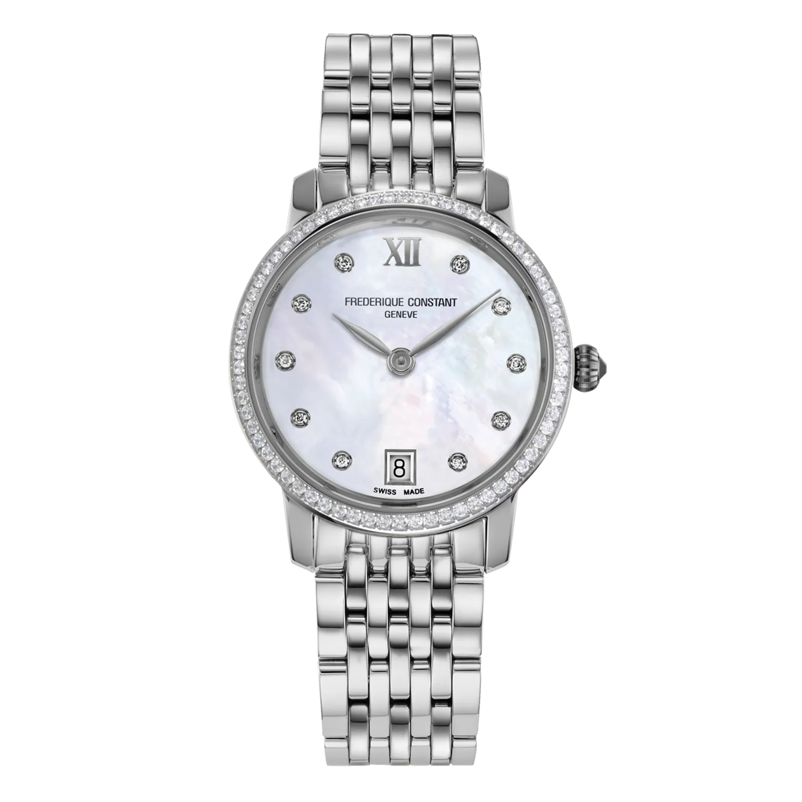 Two-tone rose gold and silver watch with a white guilloché dial, black Roman numerals, and a polished multi-link bracelet.