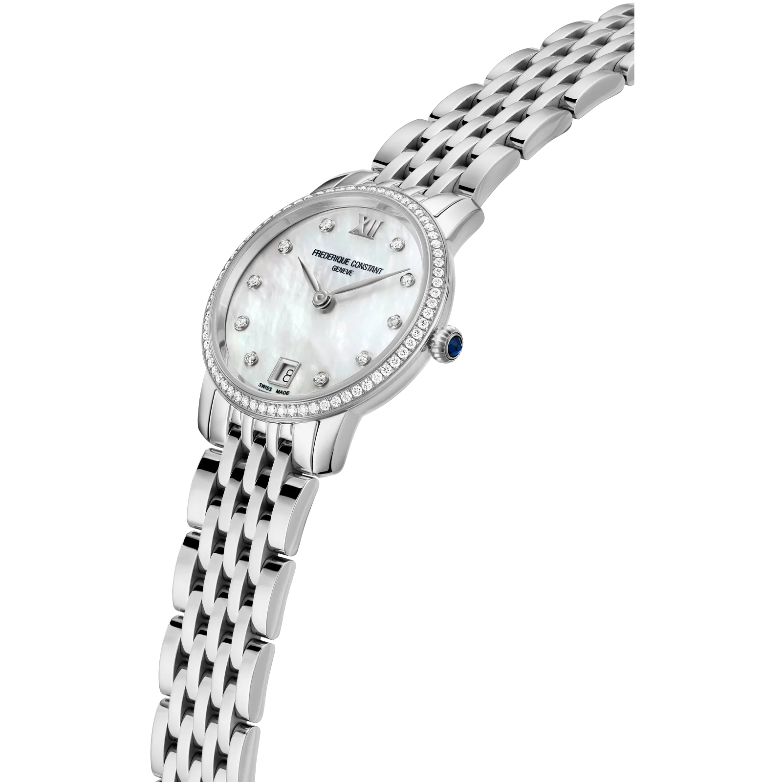 Side profile highlighting the rose gold bezel, slim silver case, and the flexible two-tone bracelet.