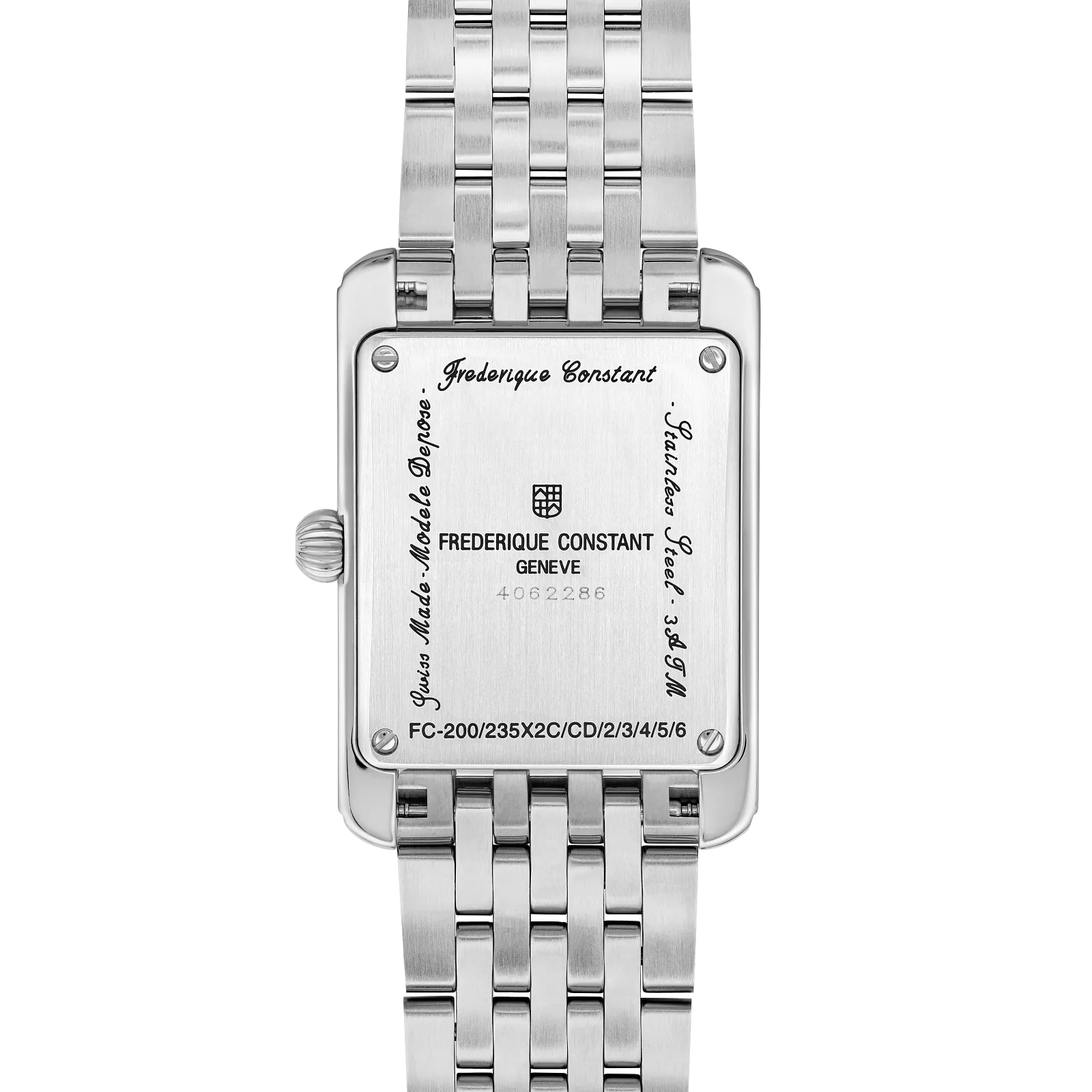 Close-up of the polished stainless steel caseback and multi-link silver metal bracelet.