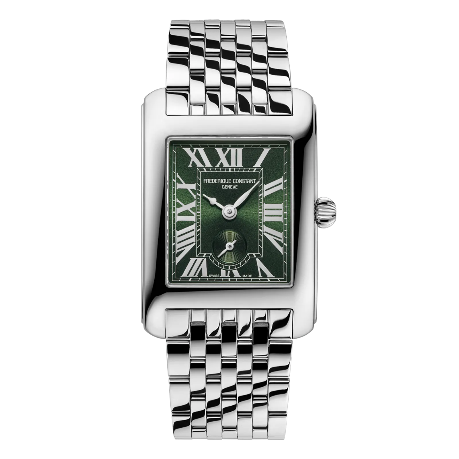 Rectangular silver watch with a sunray green dial, Roman numerals, and a stainless steel link bracelet.