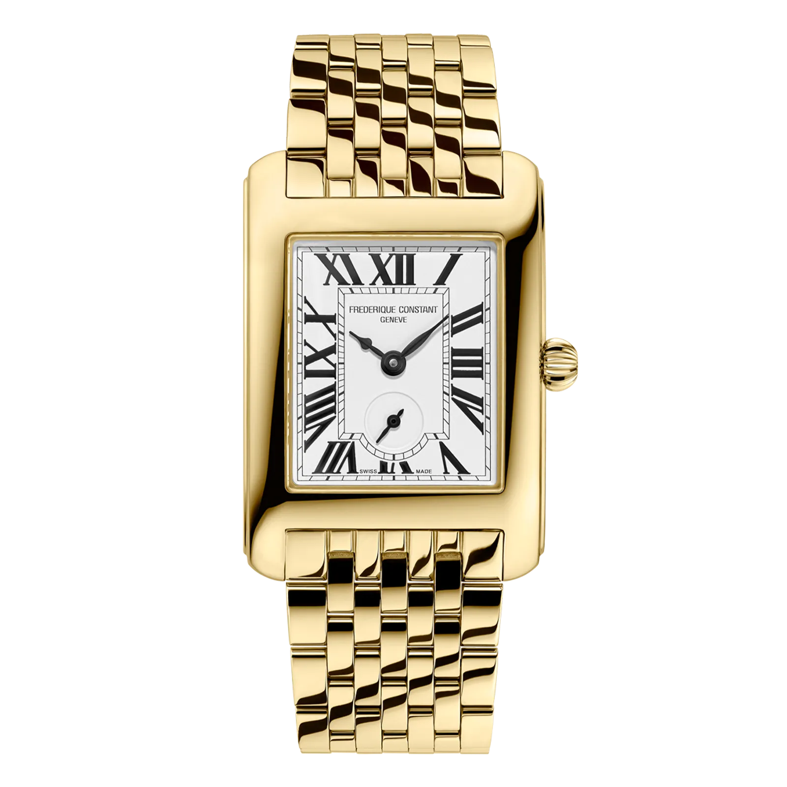 Rectangular gold watch with a white Roman numeral dial and a polished gold multi-link bracelet.
