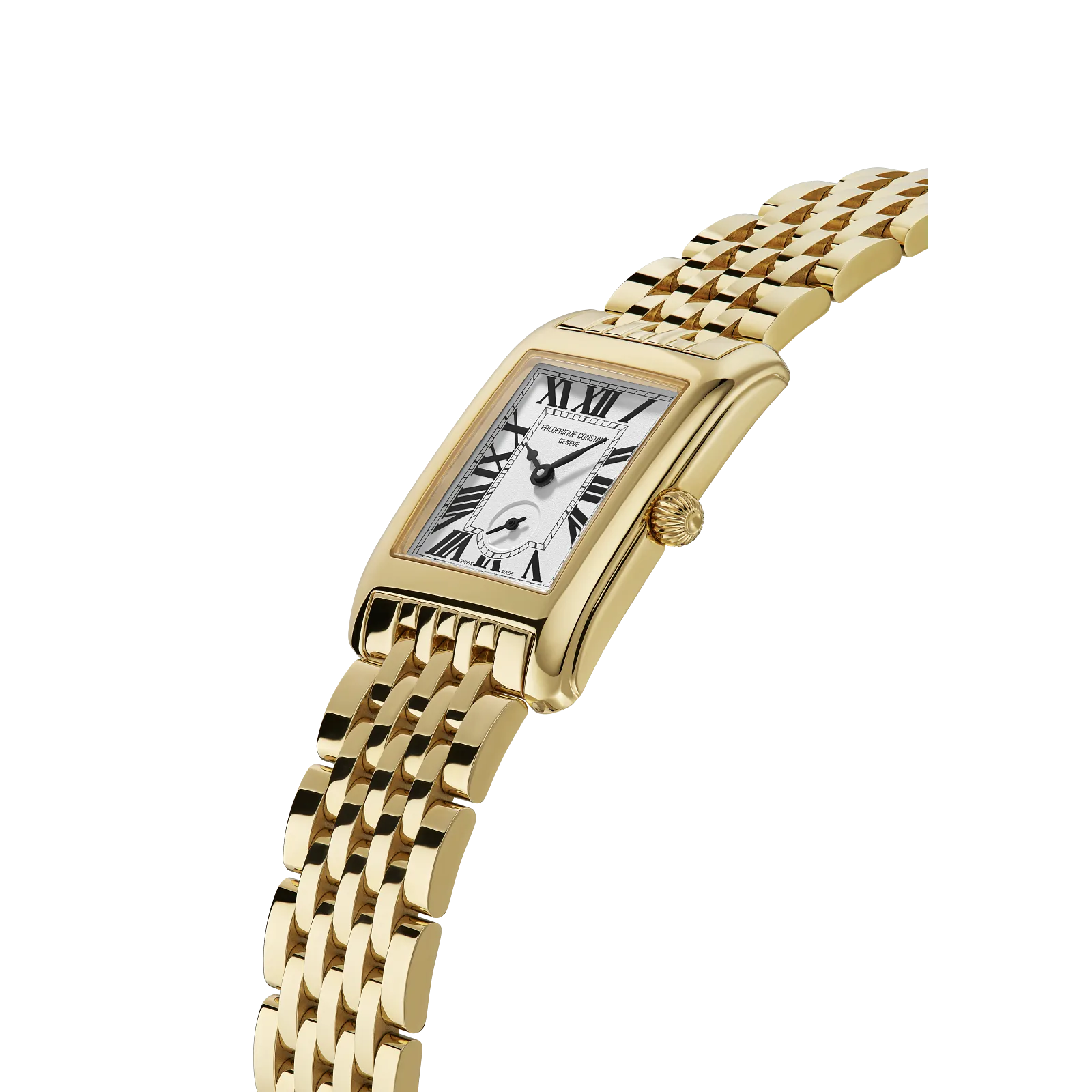 Side profile highlighting the gold rectangular case, Roman numeral dial, and polished link strap.