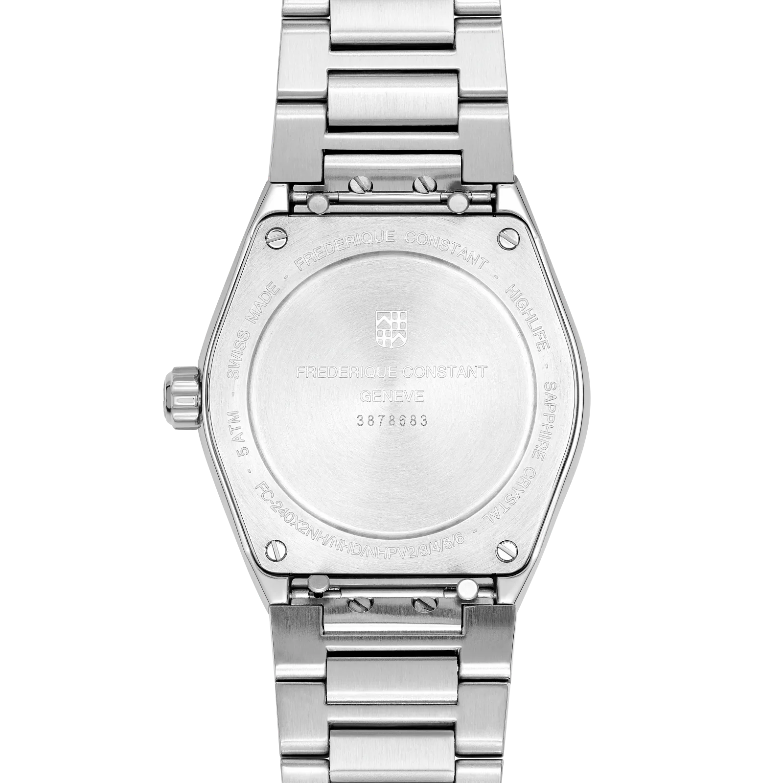 Brushed stainless steel caseback and seamless integrated metal link bracelet.