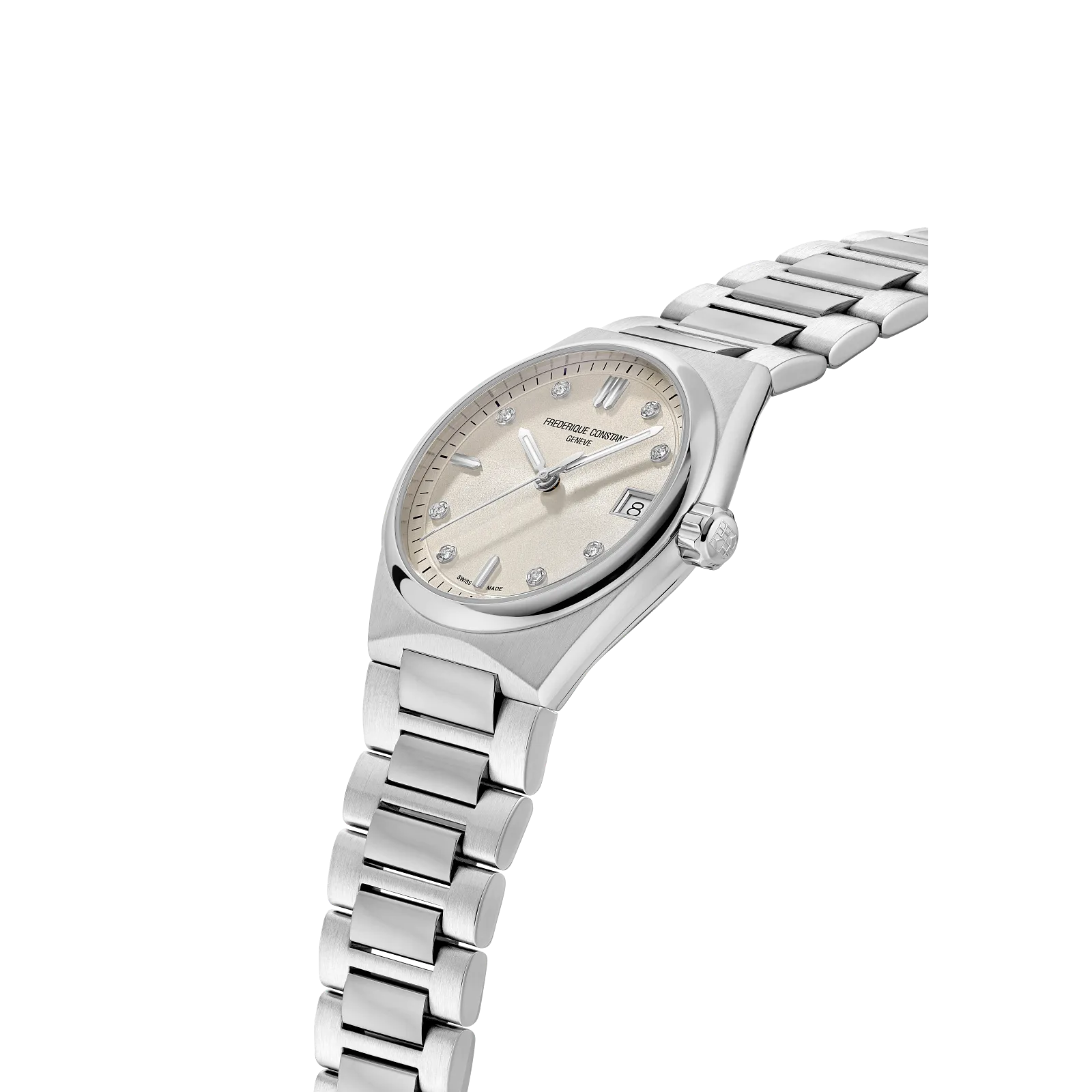 Side profile highlighting the champagne dial, polished silver bezel, and the tapered link strap.