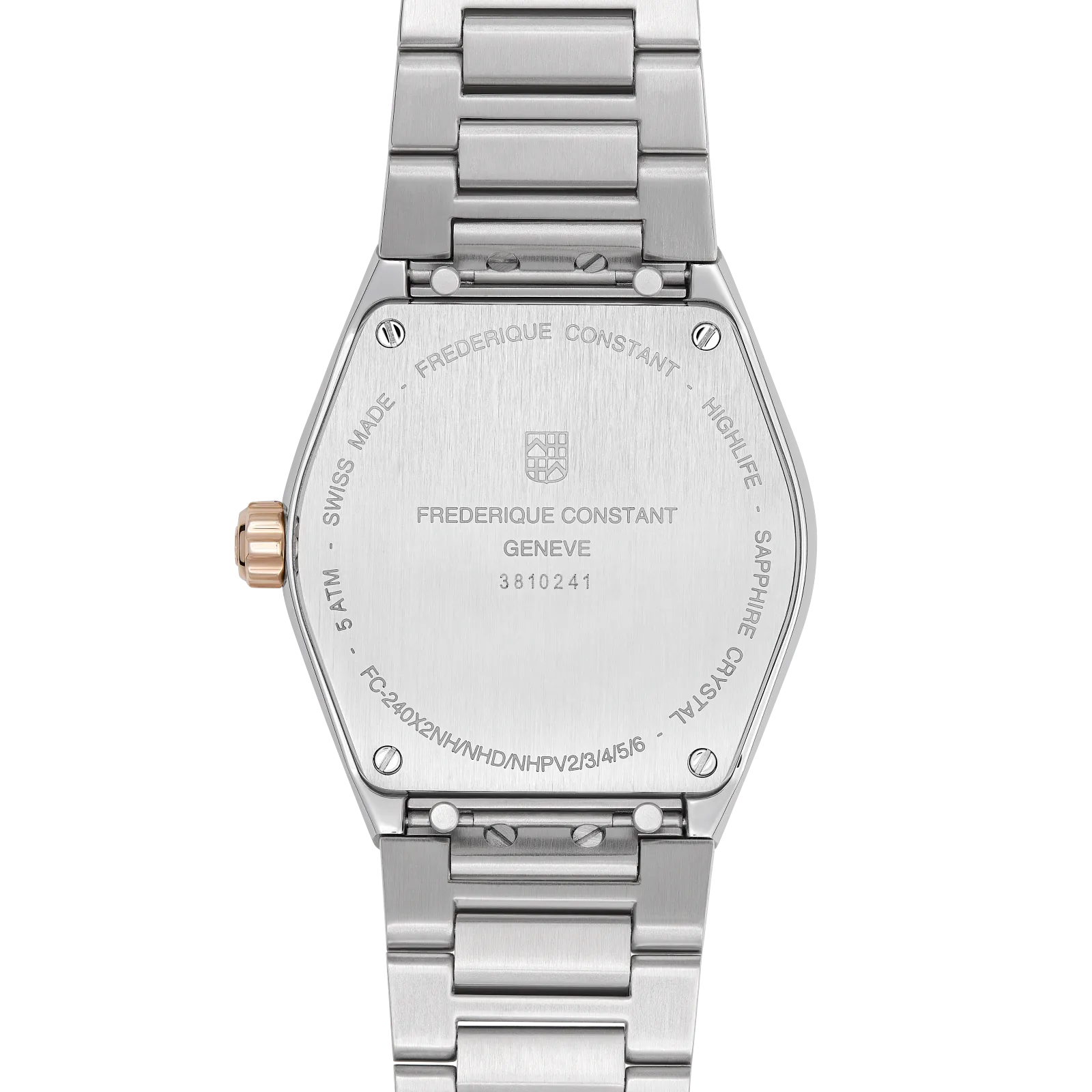 Close-up of the brushed stainless steel caseback and the integrated two-tone metal link bracelet.