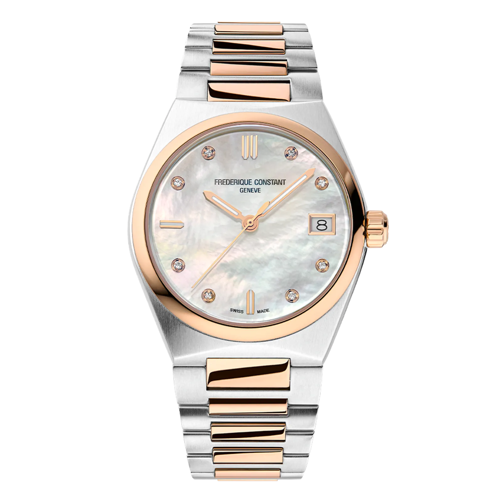 Two-tone silver and rose gold watch with a mother-of-pearl dial, diamond markers, and an integrated link bracelet.