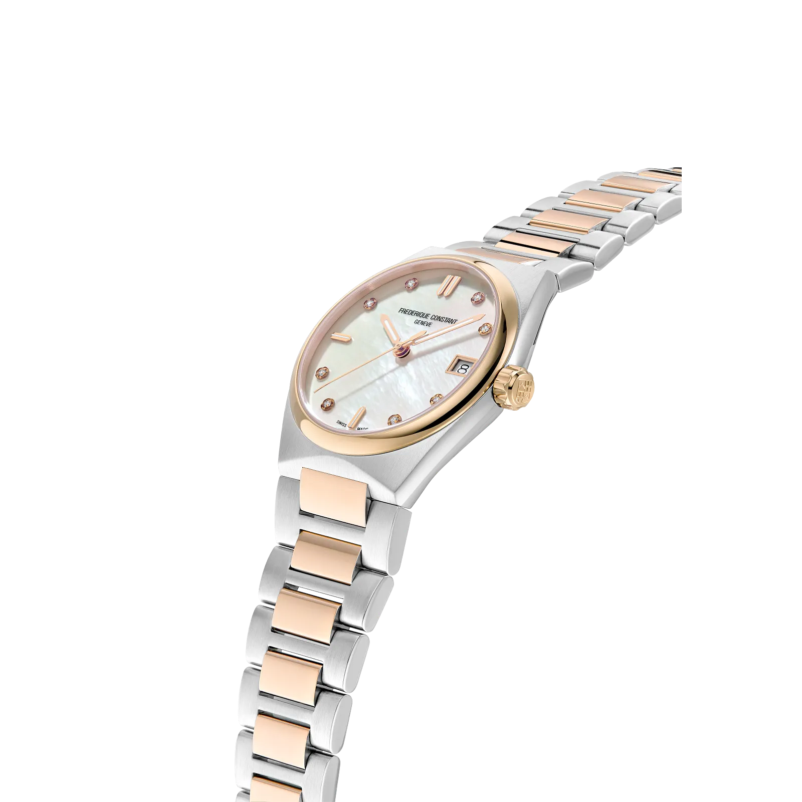 Profile shot showcasing the rose gold bezel, date window, and the seamless taper of the two-tone bracelet.