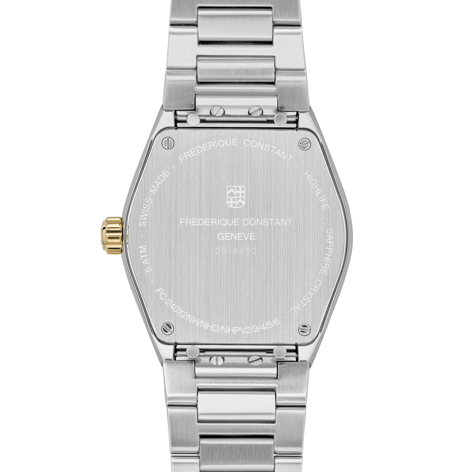 Close-up of the brushed stainless steel caseback and the integrated two-tone metal link bracelet.