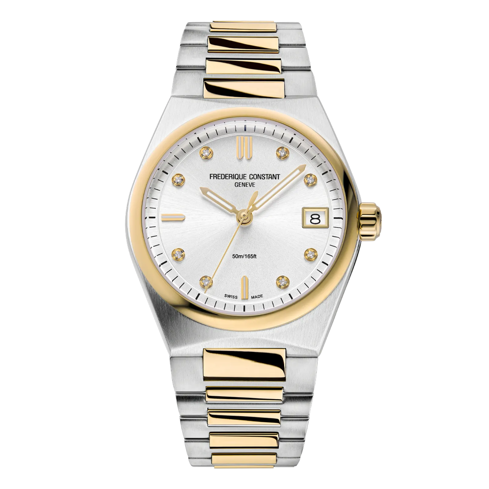 Two-tone silver and gold watch with an integrated bracelet, silver sunray dial, and diamond hour markers.
