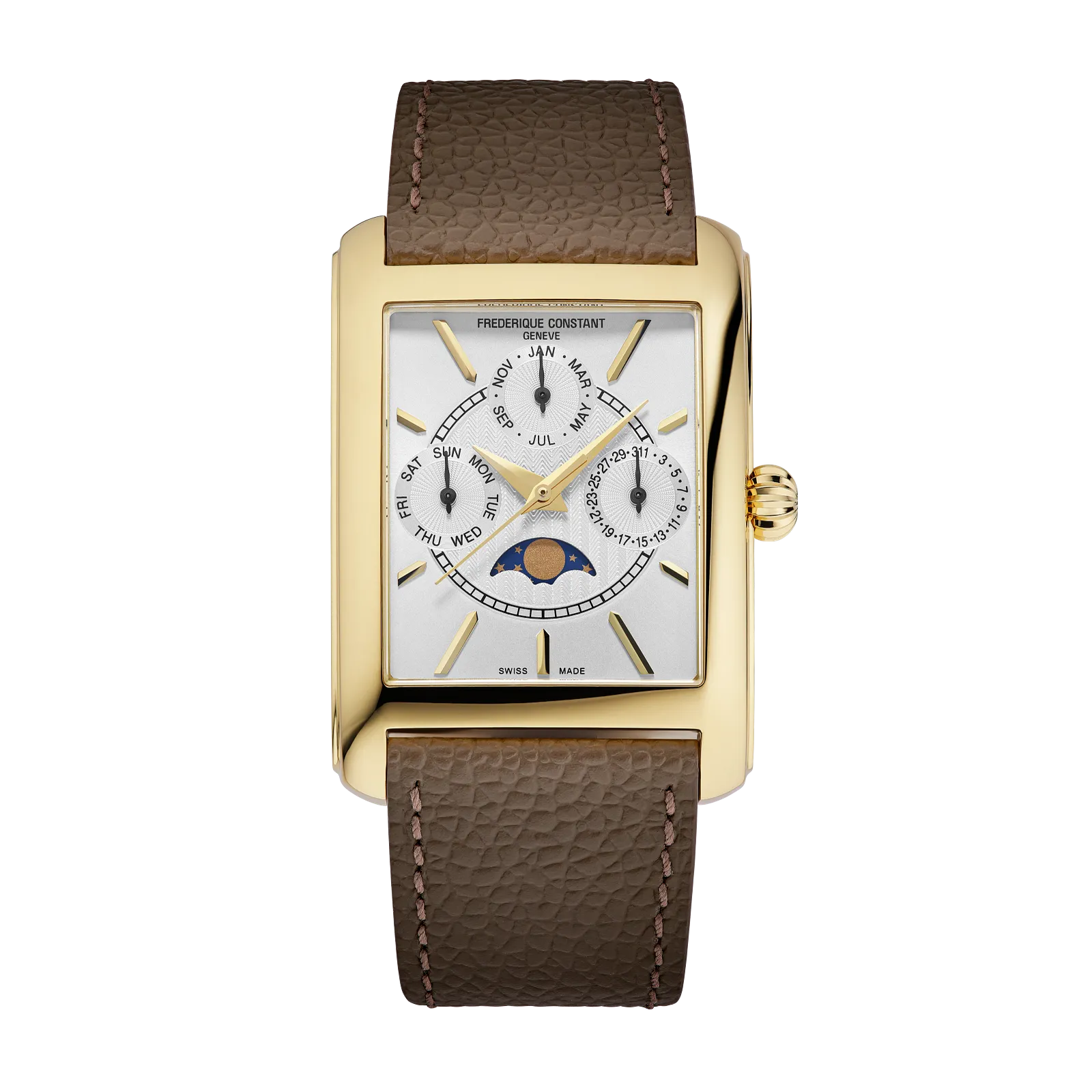 Rectangular yellow gold watch featuring a white multi-dial face with a moonphase complication and a textured brown leather strap.