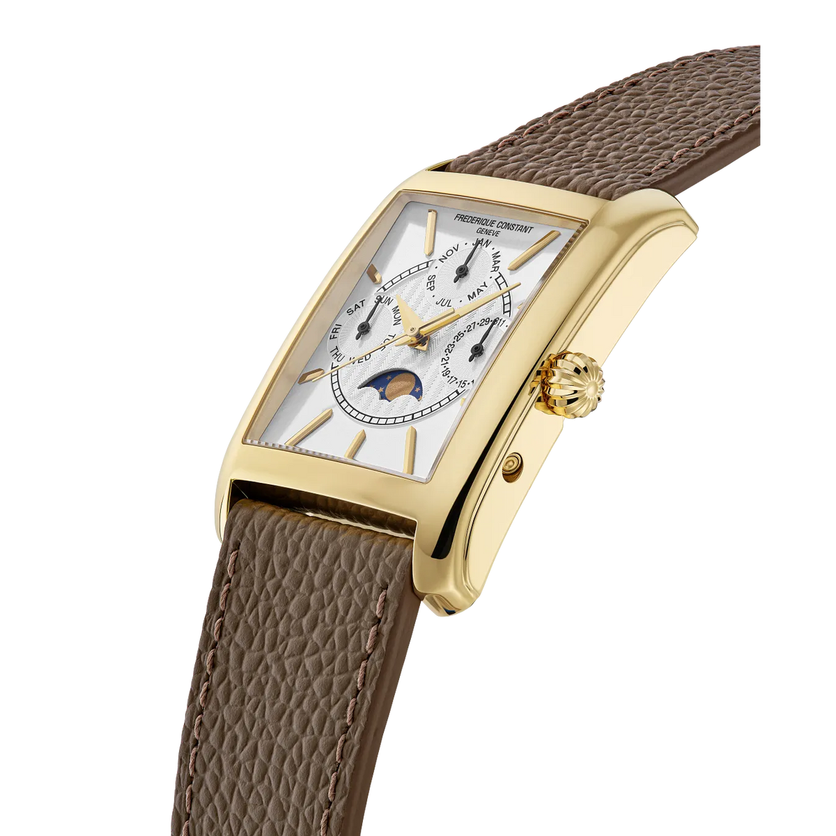 Close-up of the polished watch caseback and the underside of the premium leather or metal link strap Frederique Constant Classics Classics Moonphase White & Gold-Tone 30 mm FC-265S4C5 side view