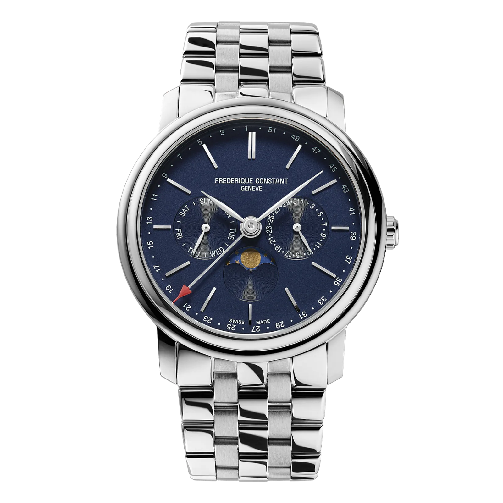 Silver watch with white pearl dial and link bracelet.