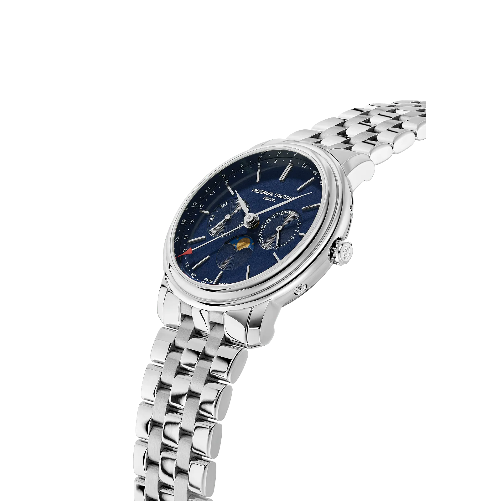 Profile of silver case and flexible link bracelet.