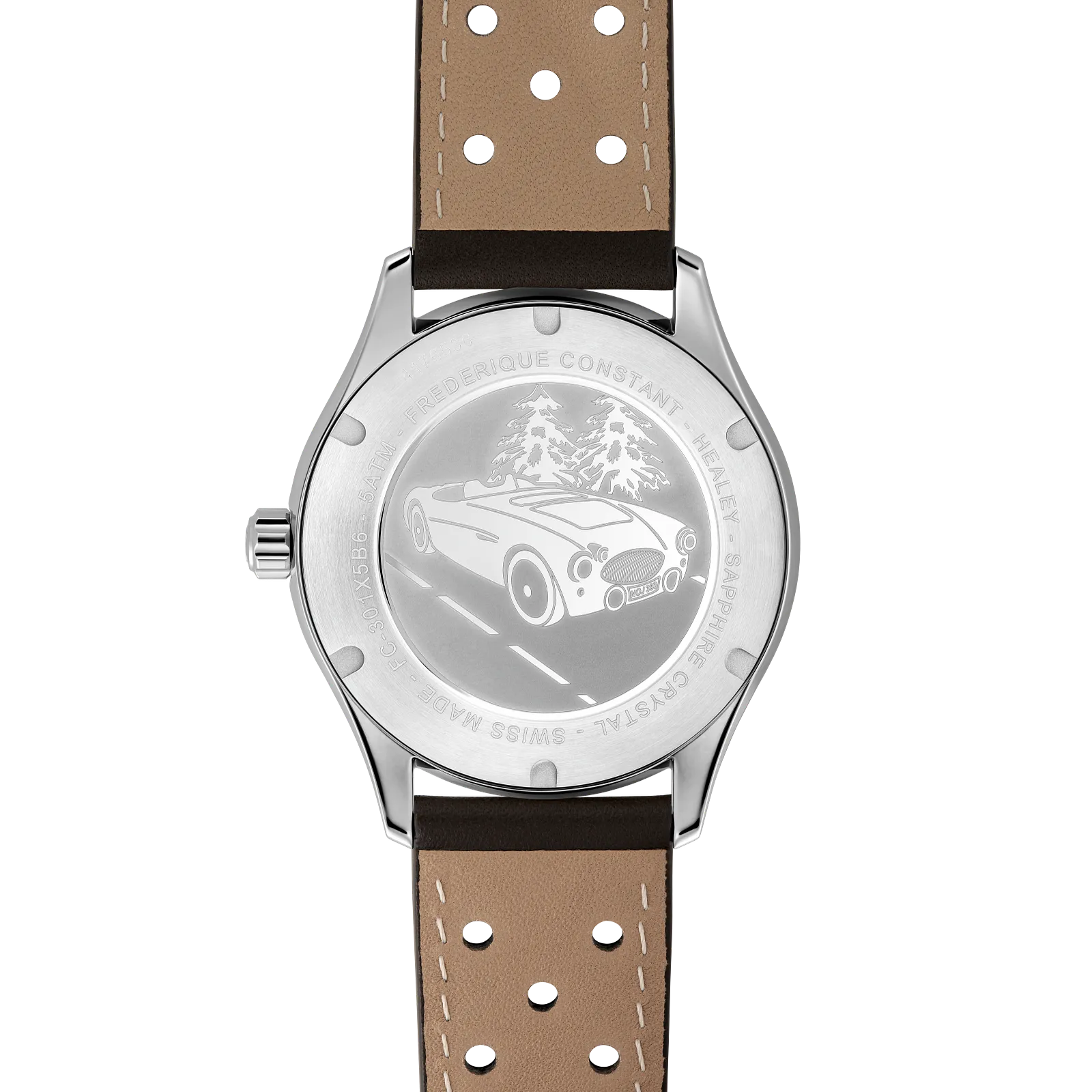 Integrated silver caseback with wide metal link strap.