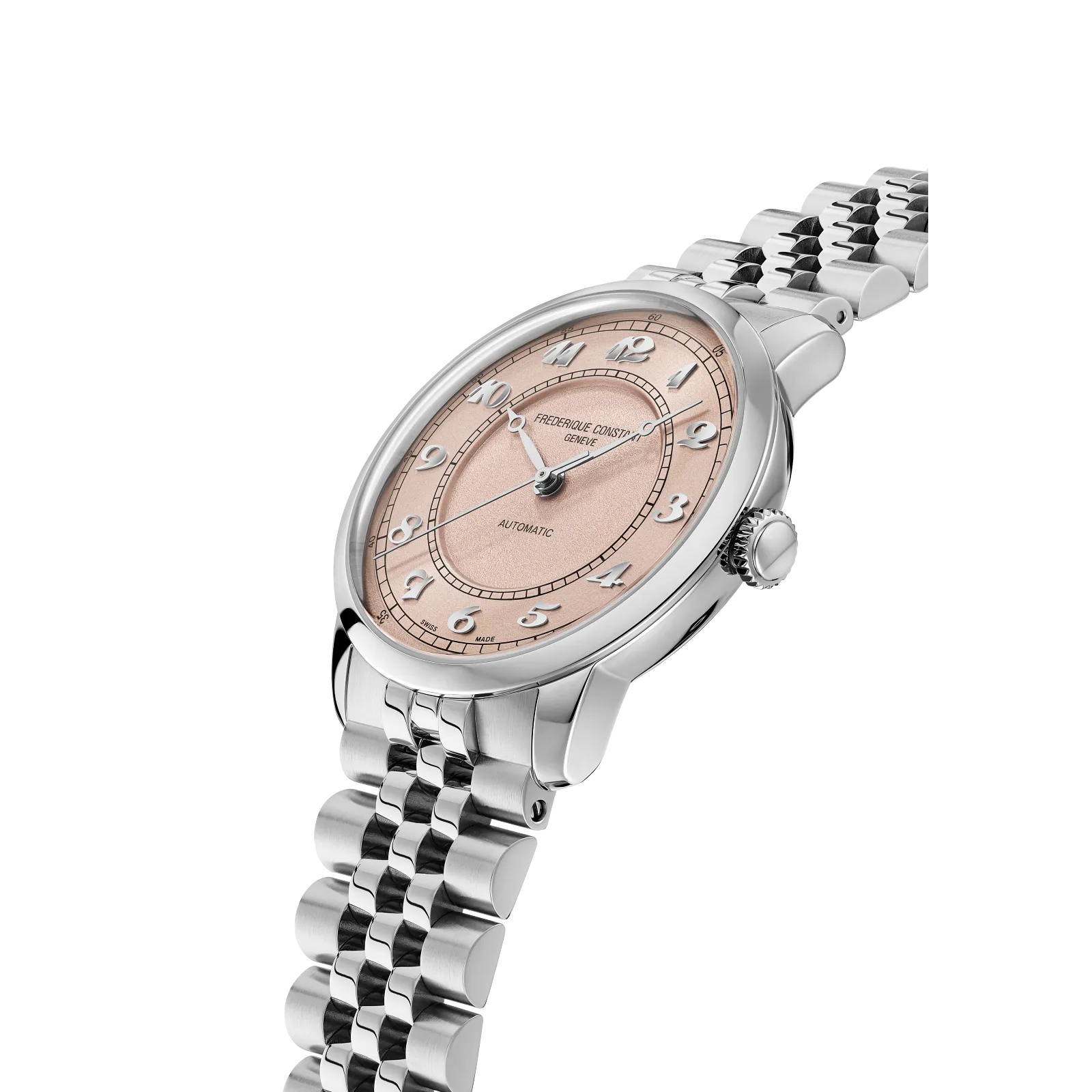 Side profile of silver case and flexible metal bracelet.