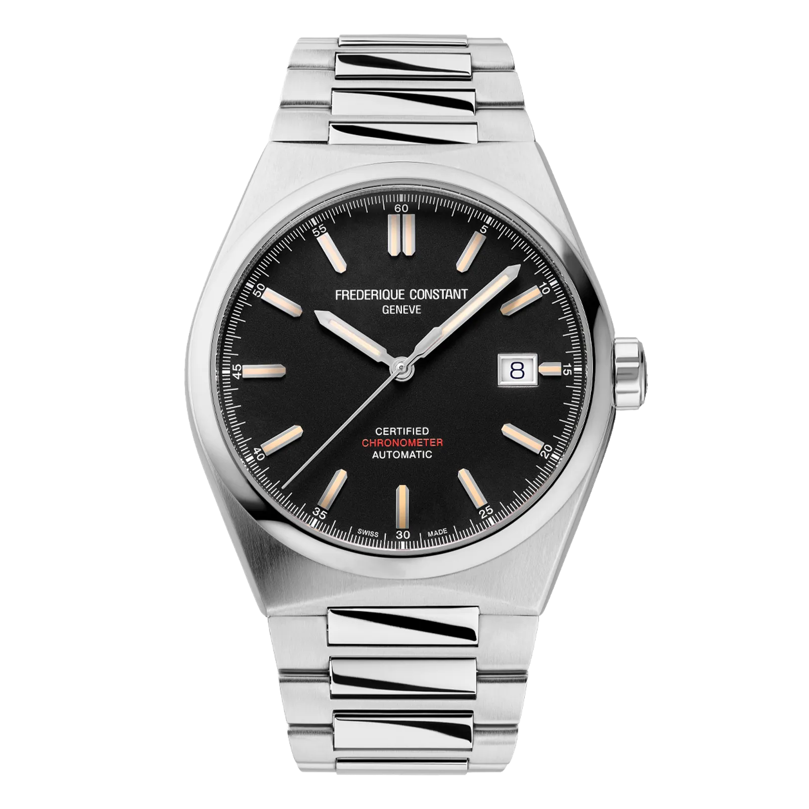 Silver watch with black dial and integrated metal link bracelet.