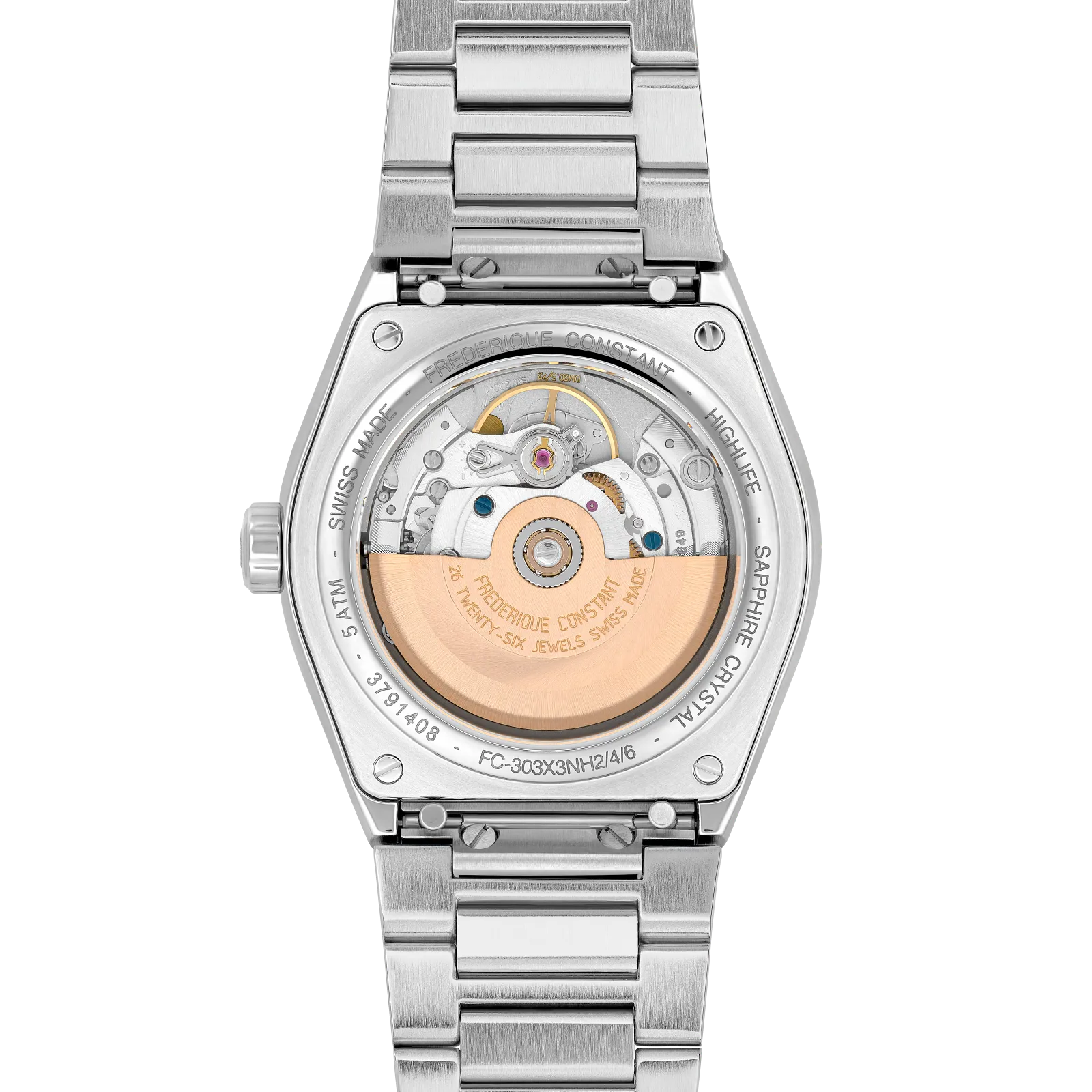 Exhibition caseback showing the automatic movement and silver strap.