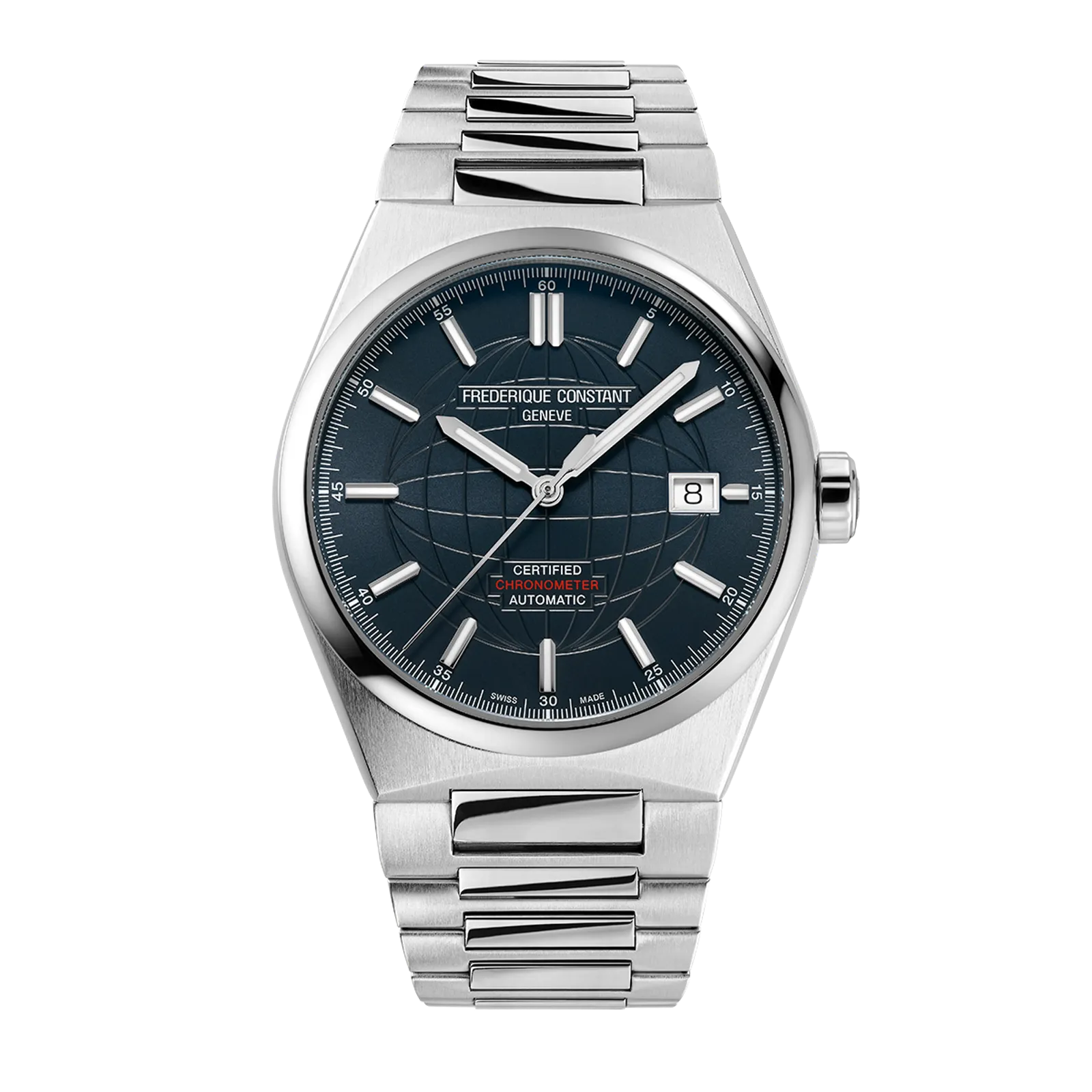 Silver watch with a navy blue grid dial and integrated metal link bracelet.