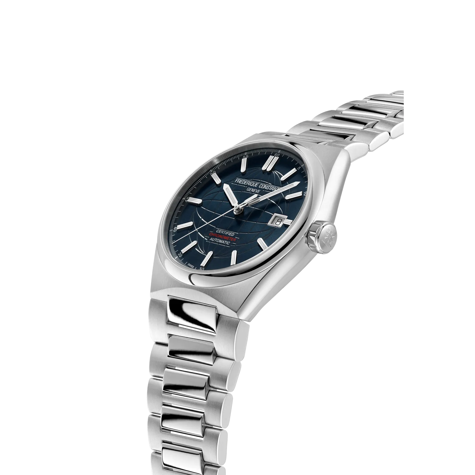Side view of the navy dial and integrated silver metal bracelet.