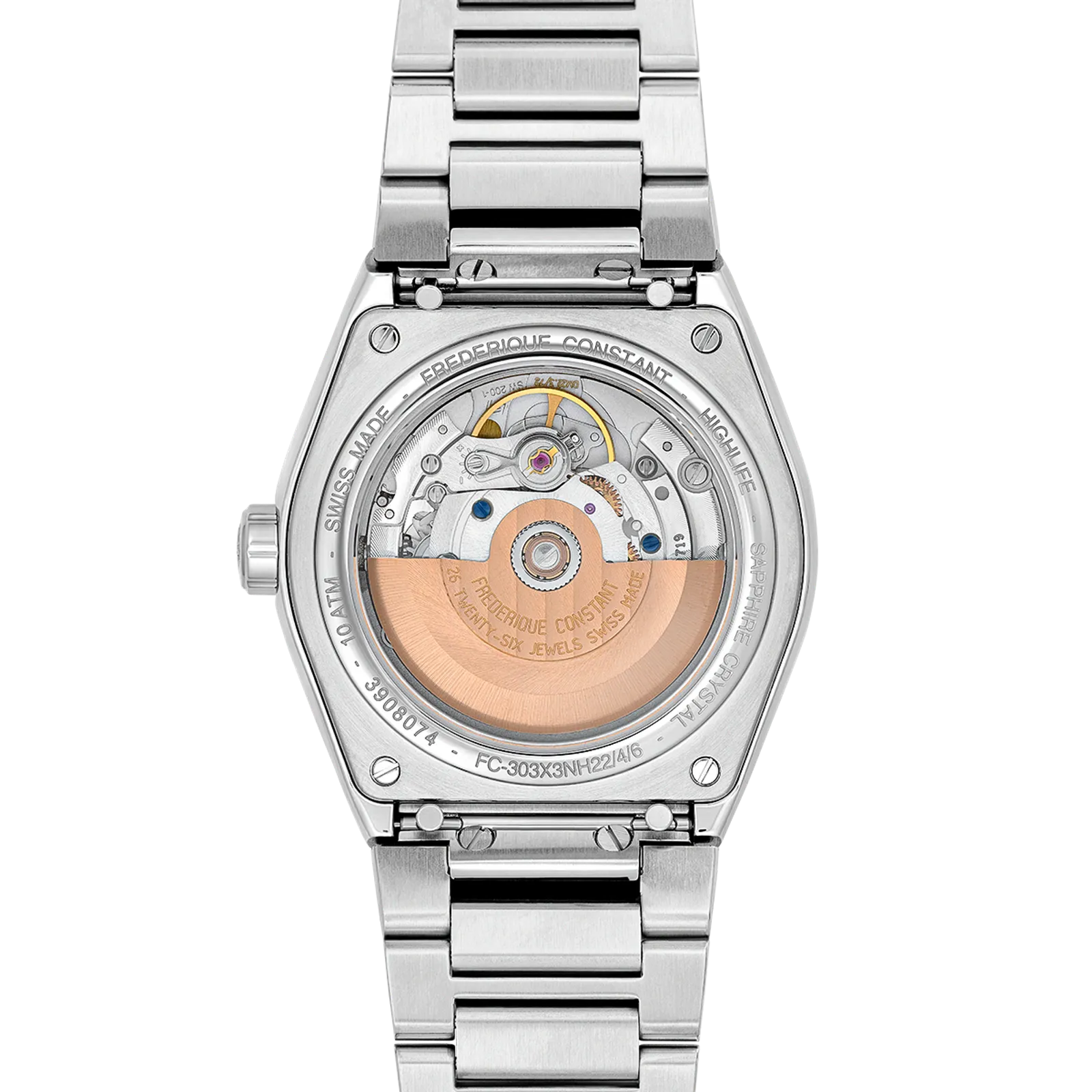 Exhibition caseback showing automatic movement and silver strap.