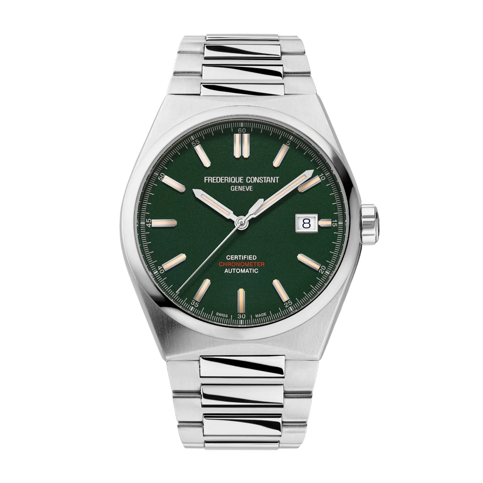 Silver watch with dark green dial and integrated metal link bracelet.
