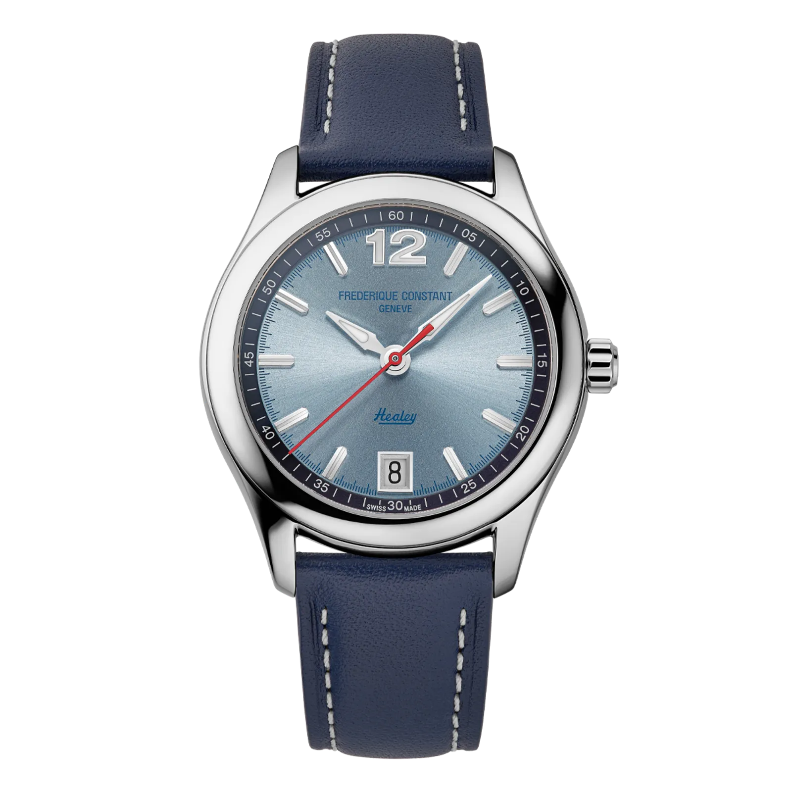 Elegant silver round watch featuring a light blue sunray dial, a bold 12 o'clock numeral, and a navy blue leather strap with contrast white stitching.