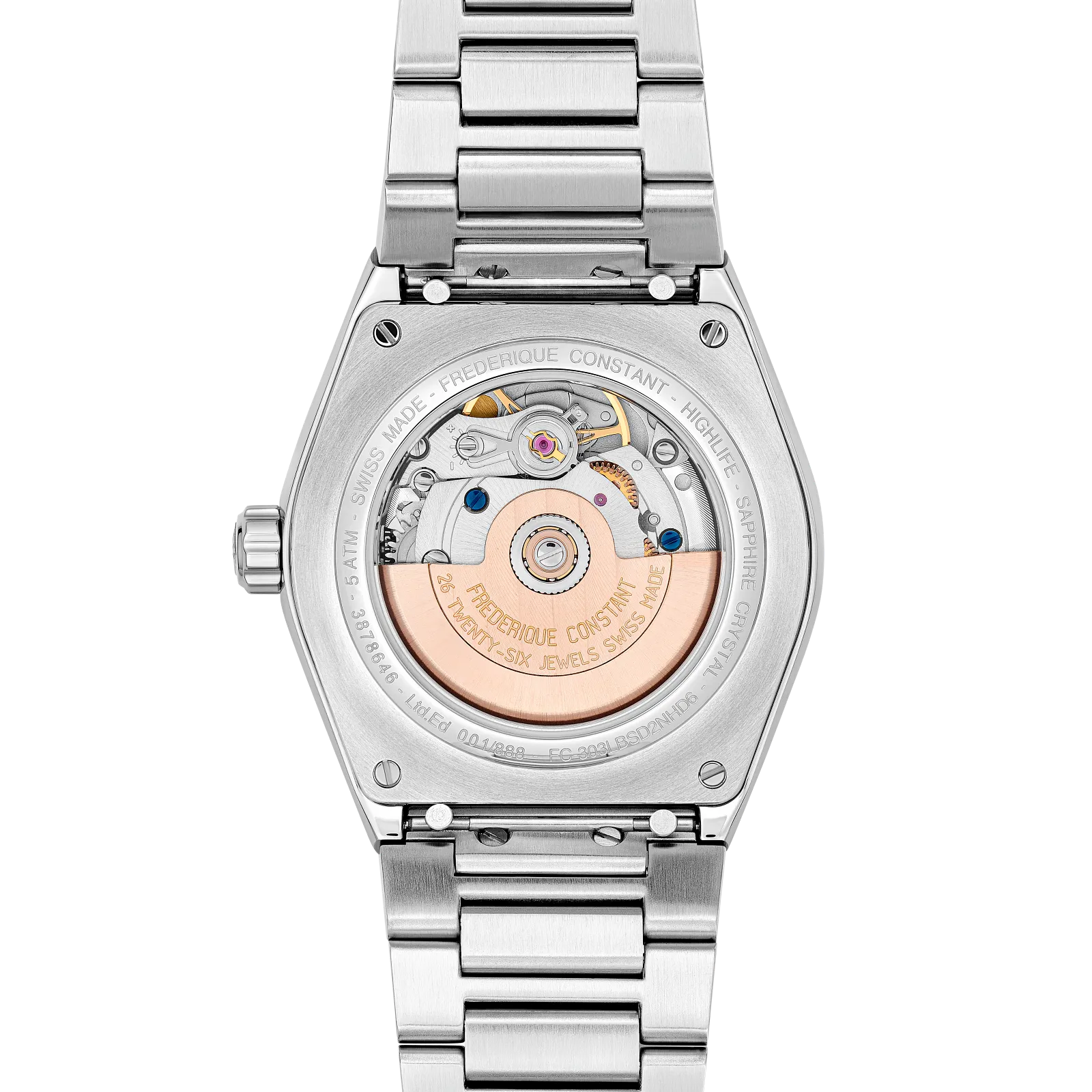 Exhibition caseback showing the automatic watch movement and silver stainless steel integrated bracelet.
