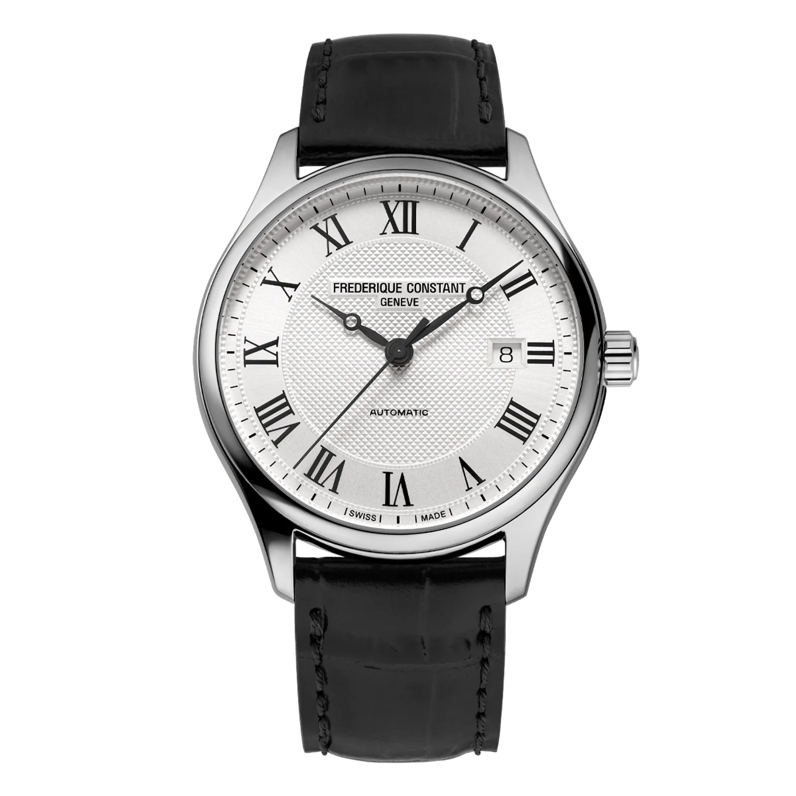 Silver round watch with a white dial, Roman numerals, and a black leather strap.