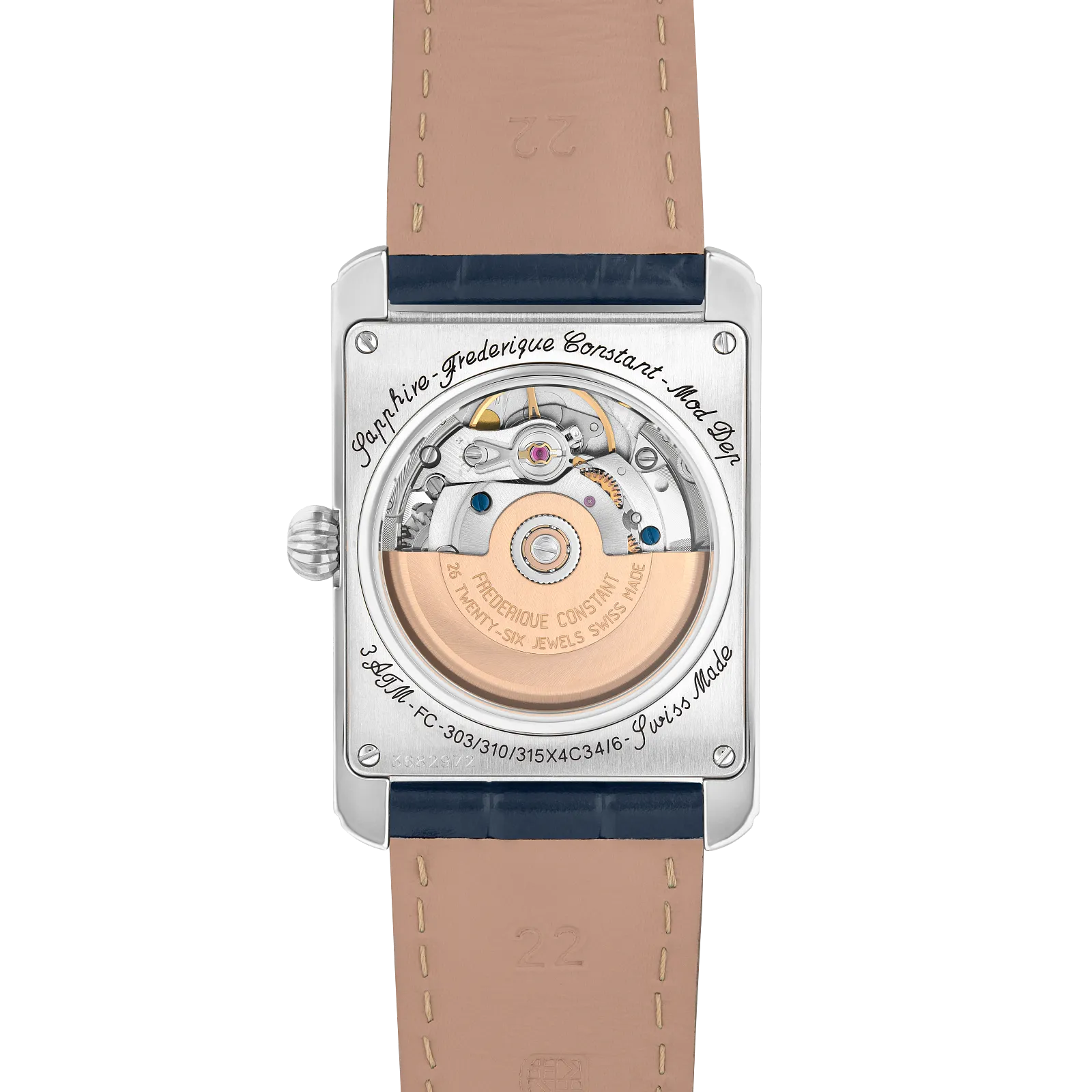 Exhibition caseback showing the automatic movement with a tan strap lining.