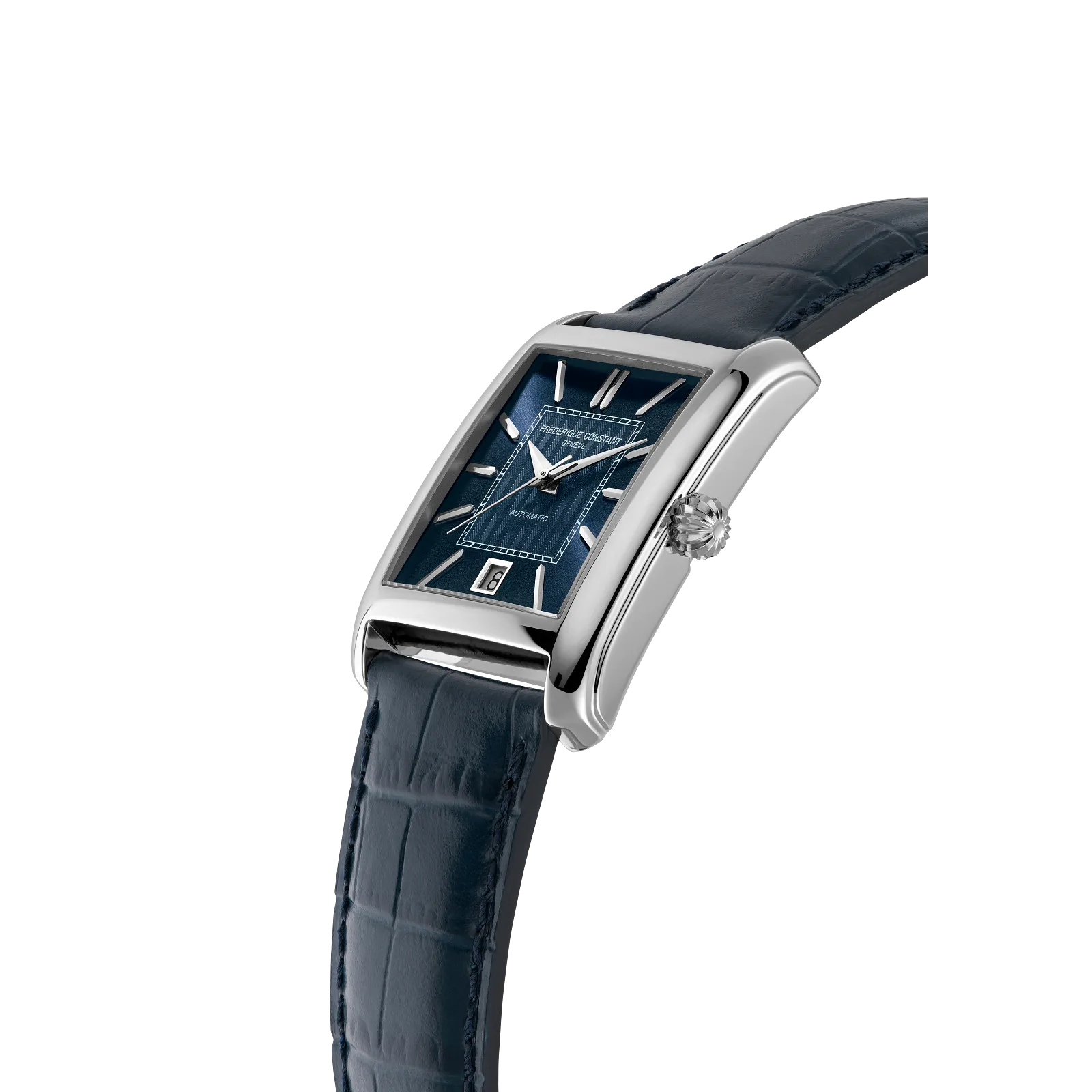 Profile view of the rectangular silver case and black leather strap.