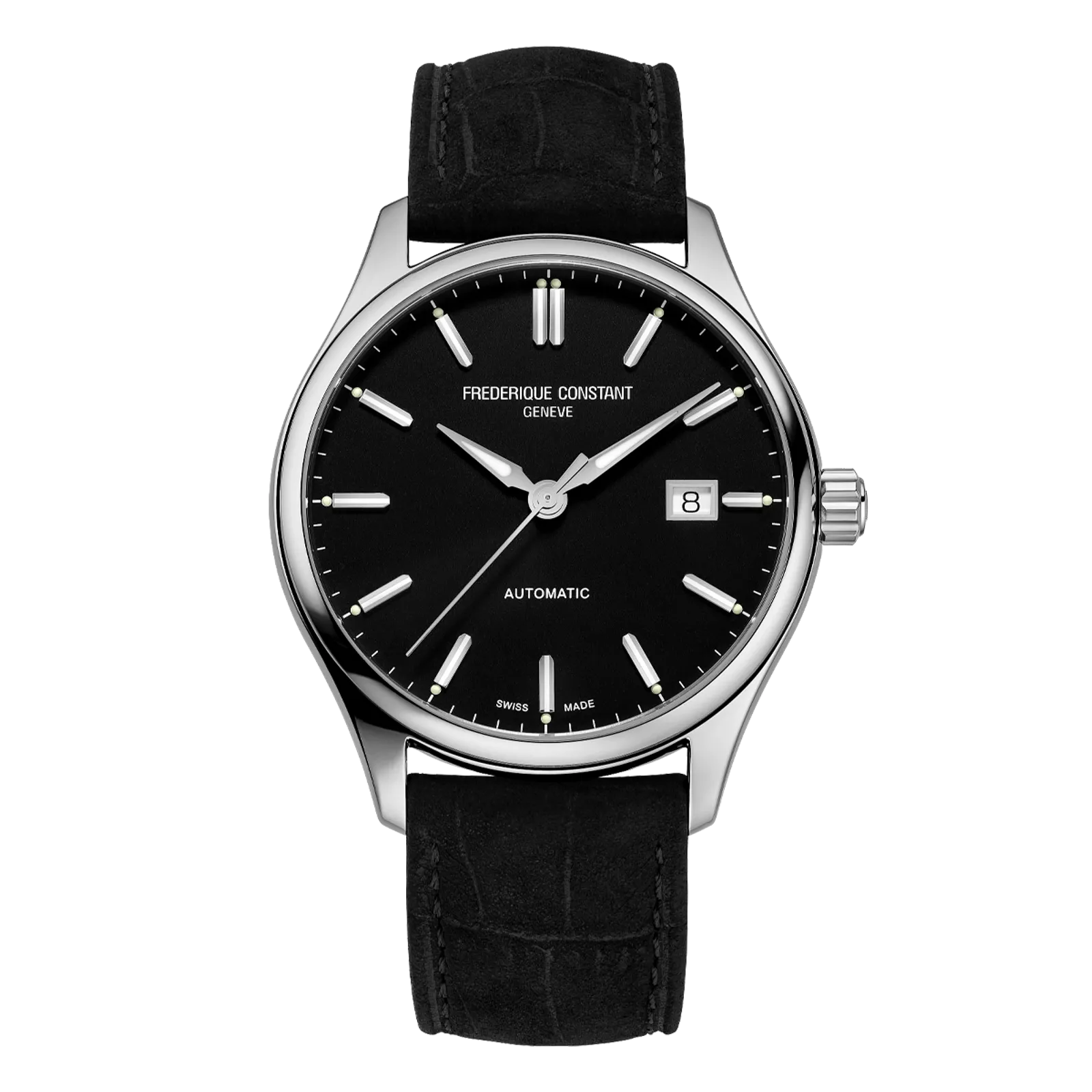 Front view of Frederique Constant automatic watch with a black dial and matching black leather strap.
