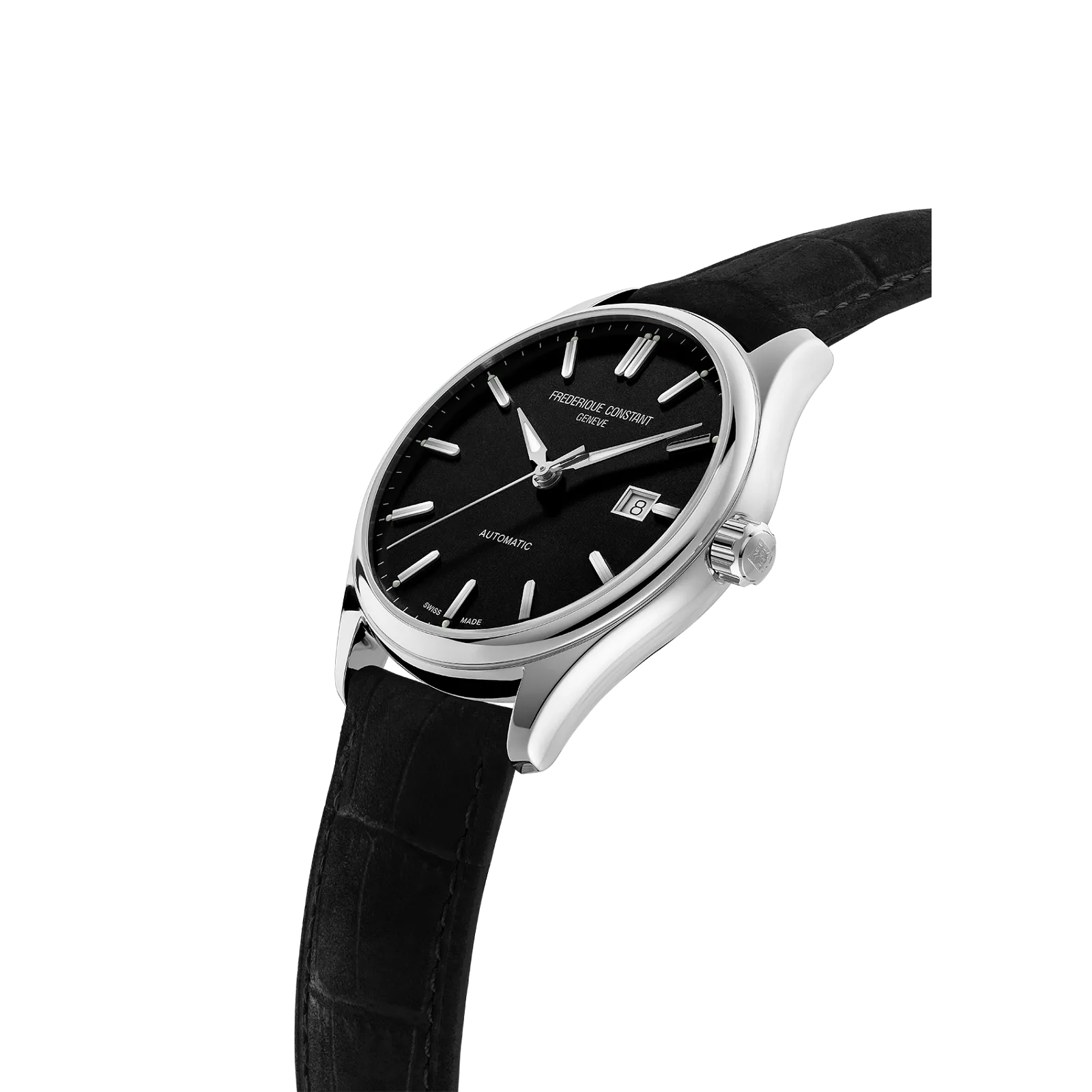 Side profile showing the polished steel case, date window, and textured black strap.